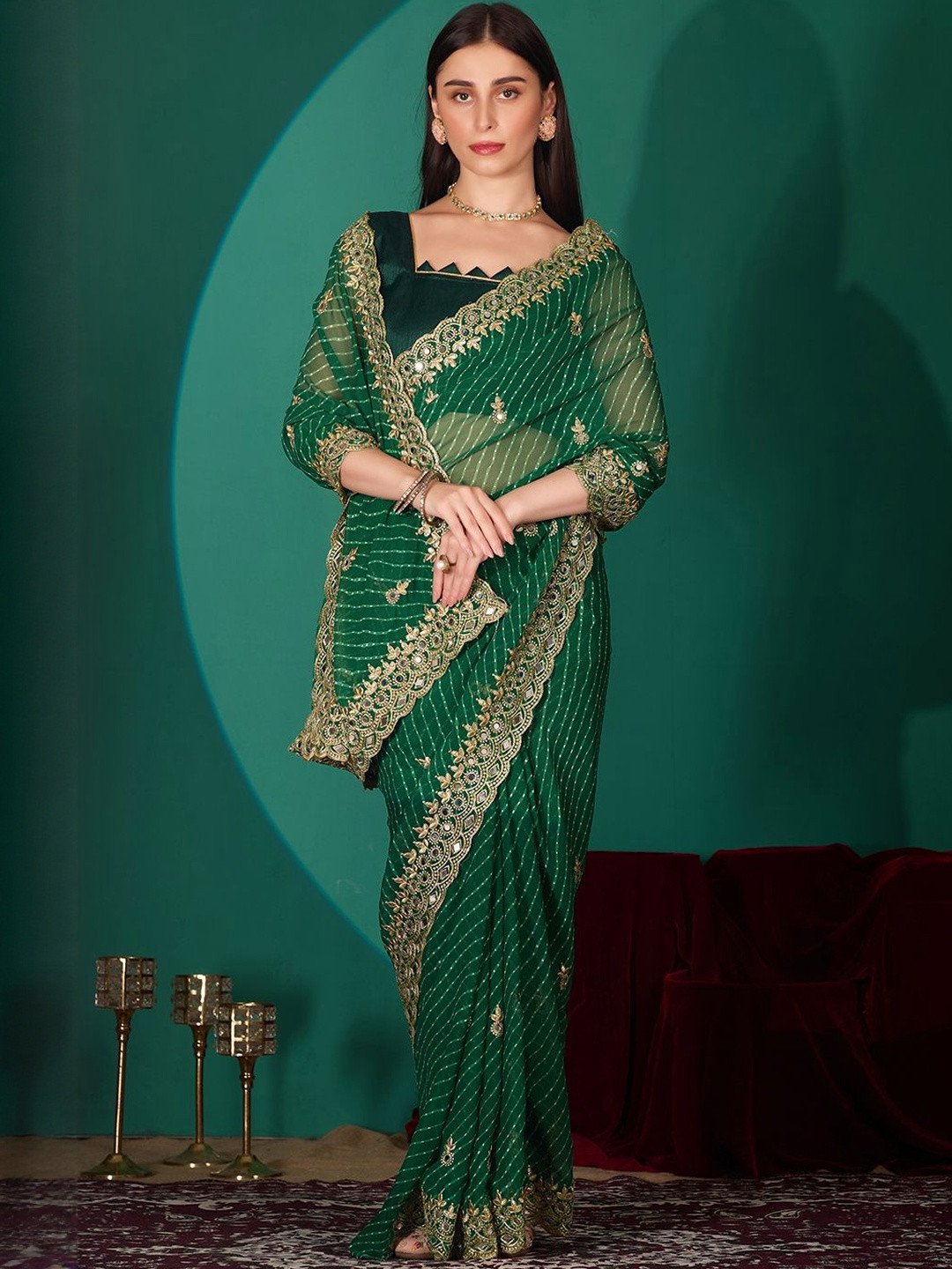 Prettyage Woven Design Embroidered Leheriya Saree With Blouse Piece