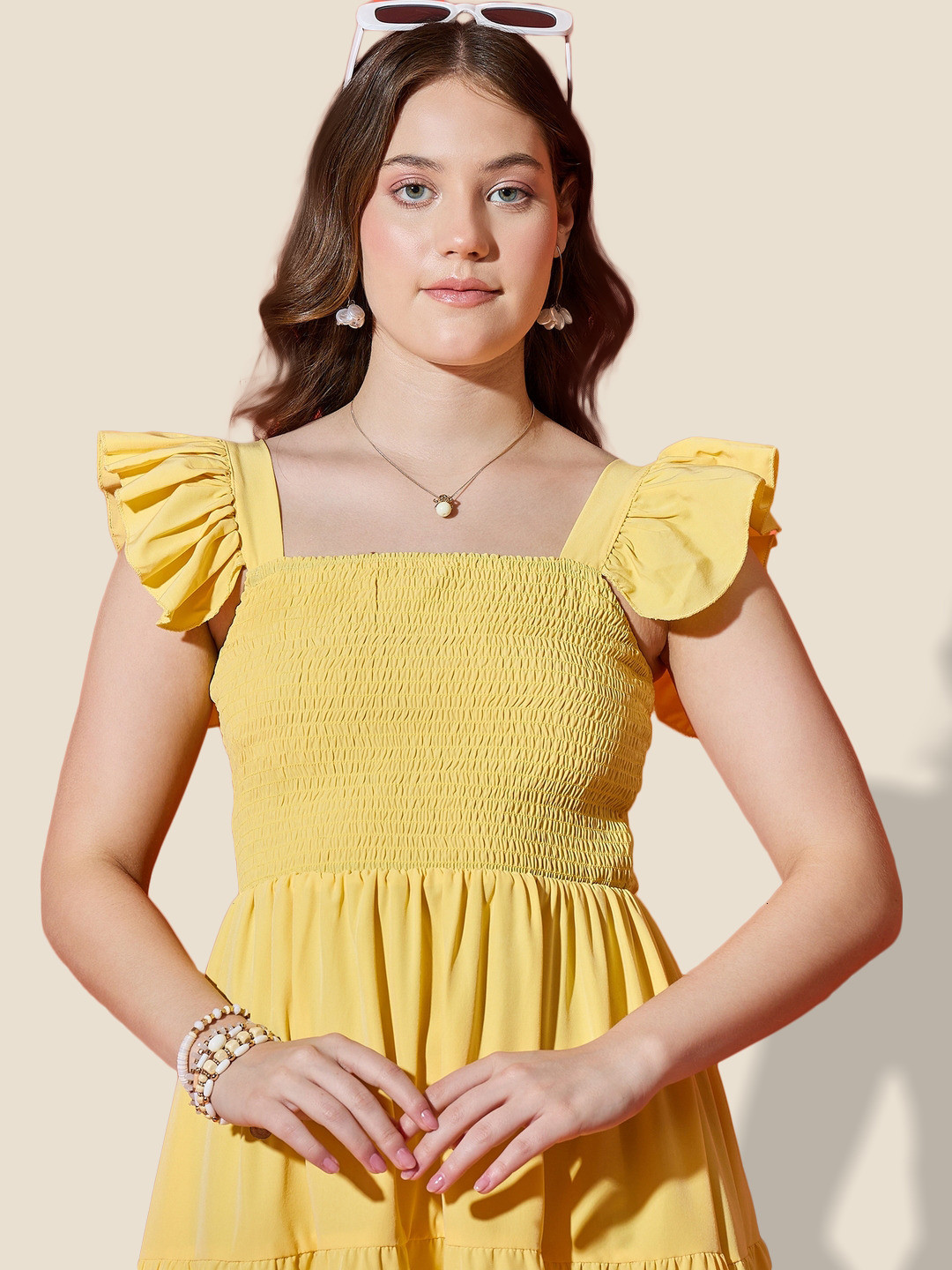 DIMPY GARMENTS Yellow Solid Midi Dress with Smocked Detail