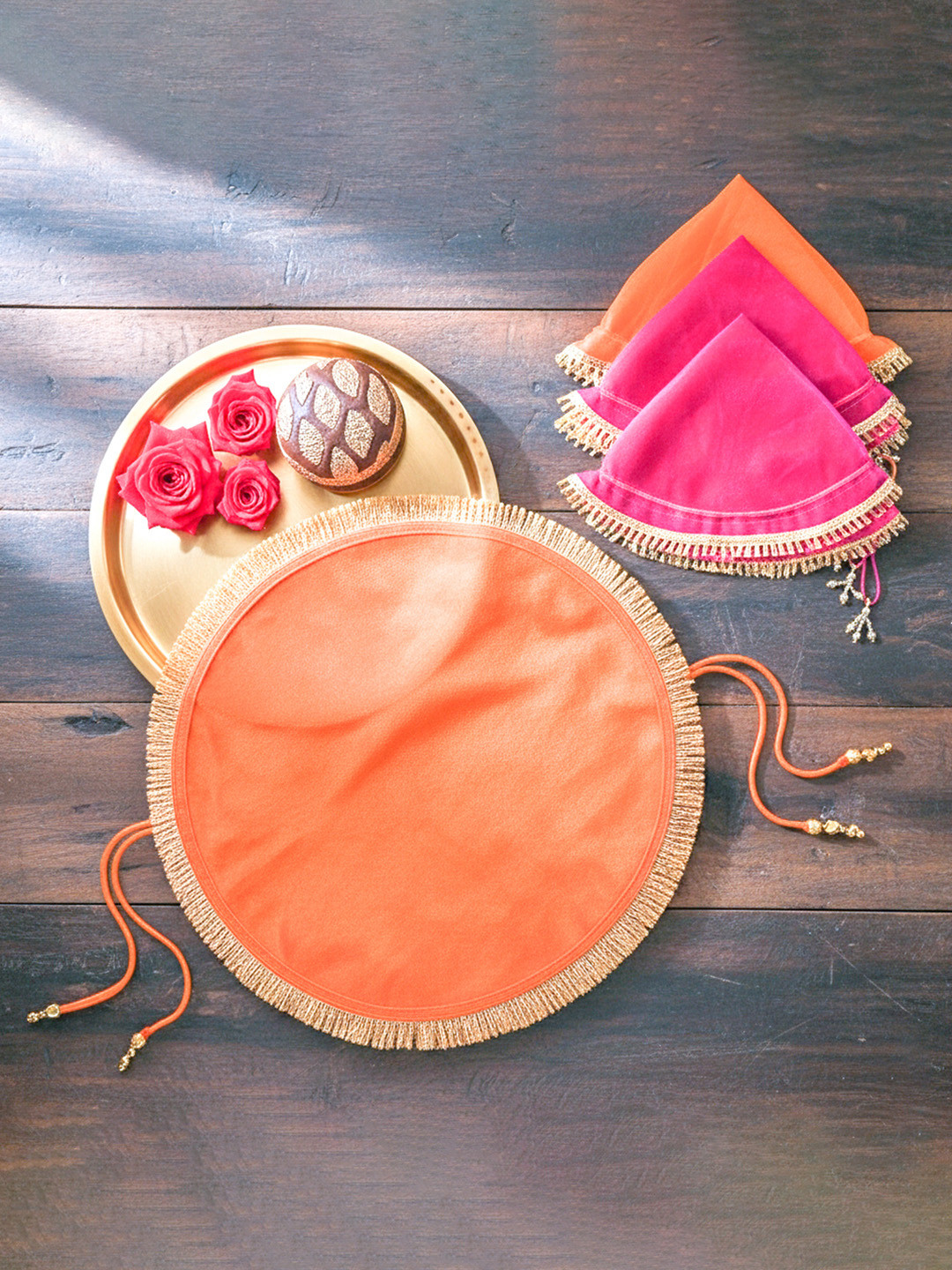 Kuber Industries 4Pcs Orange Colored & Pink Pooja Thalposh Organza Cover Cloth Potli