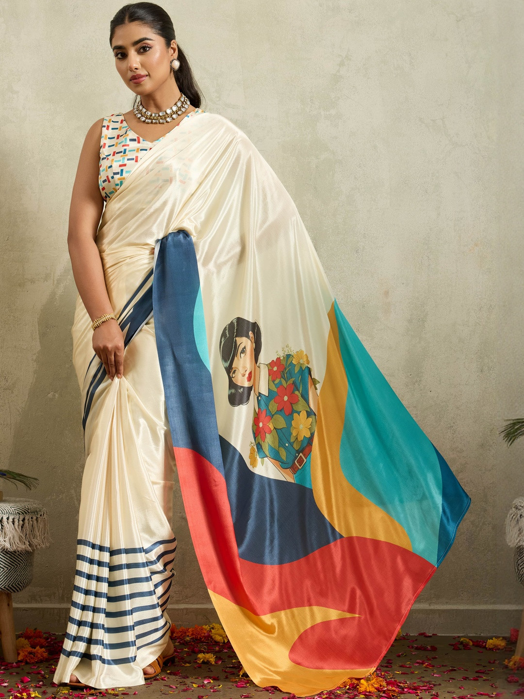 RACHNA Abstract Printed Ready To Wear Satin Saree With Blouse