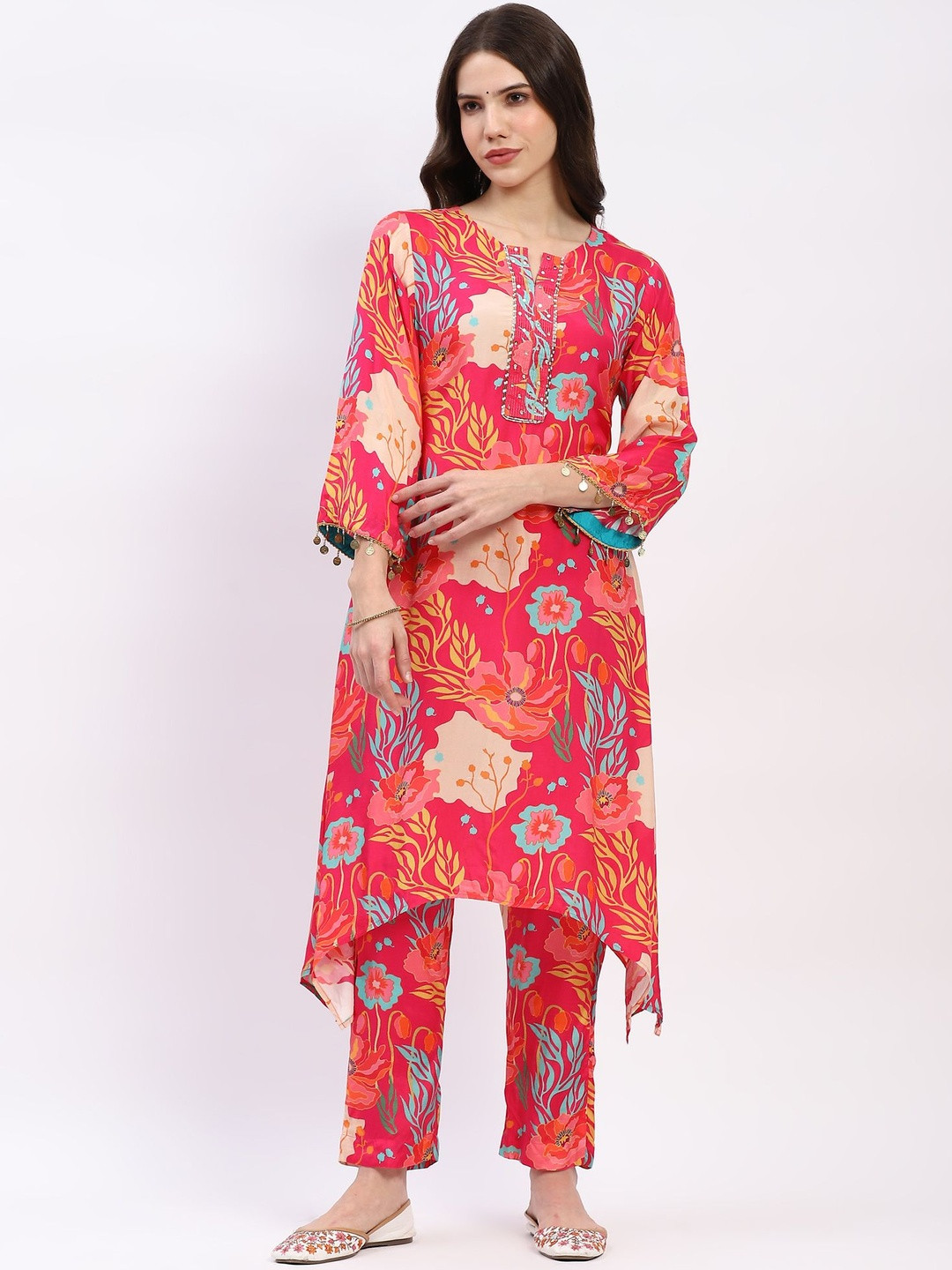 Me&I Women Floral Printed Regular Beads & Stone Organic Cotton  A-Line Kurta With Trouser