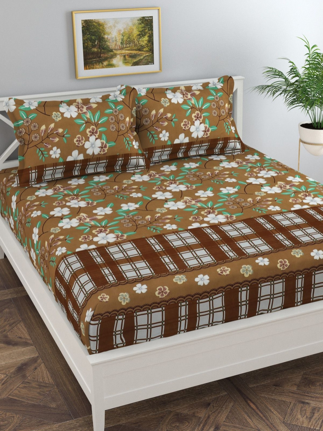 Florida Bronze-Toned & Brown Floral Printed 140 TC Fitted Bedsheet Set 1.98 m x 1.82 m