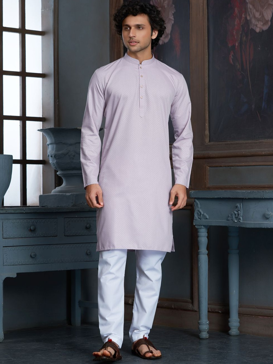 EKATVA ETHNIC Self Design Mandarin Collar Straight Pure Cotton Kurta With Pyjamas
