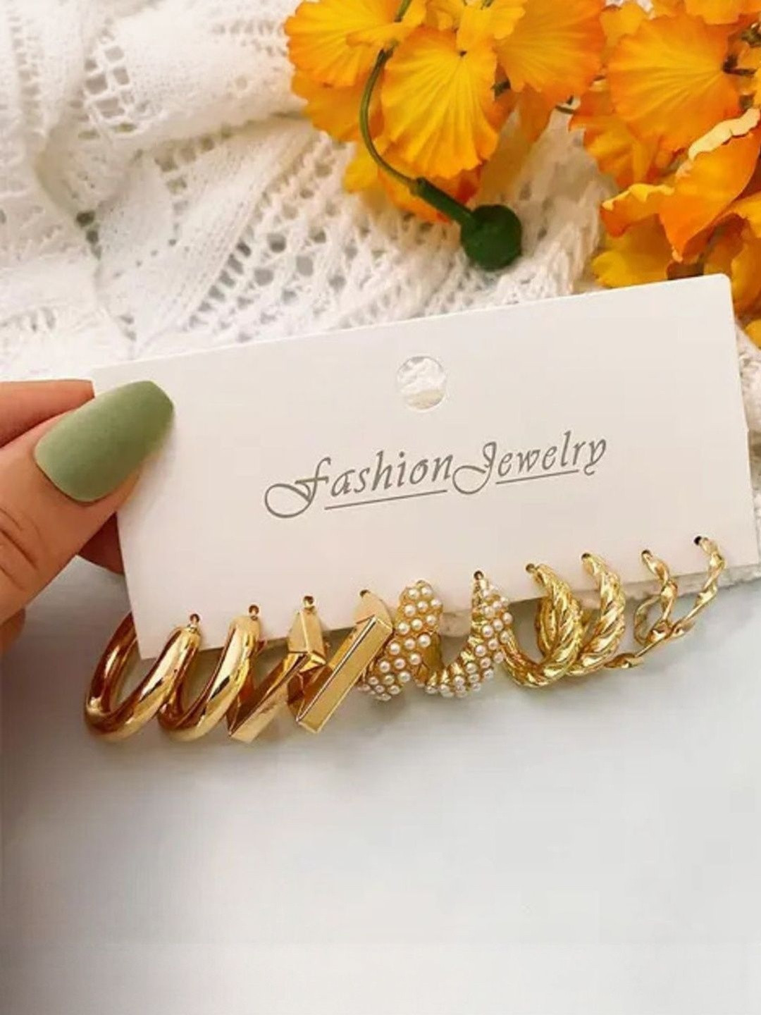 DressBerry Women Set Of 5 Gold-Plated Half Hoop Pearls Earrings