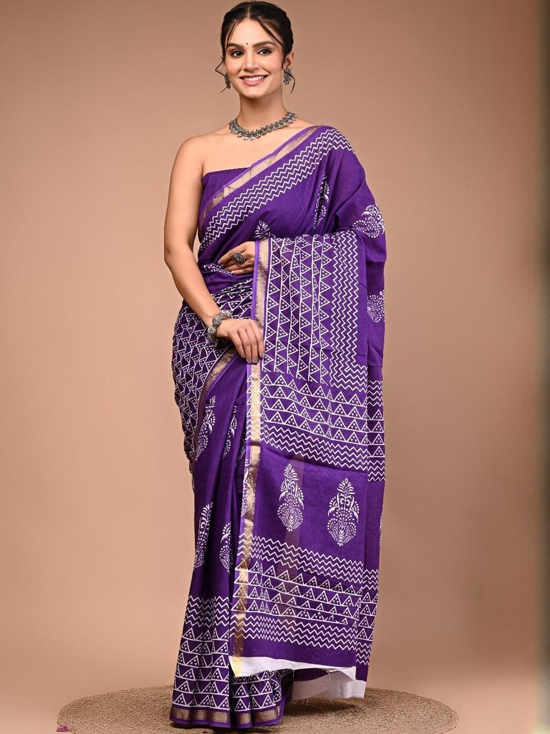 Moda Rapido Printed Zari Pure Cotton Ikat Saree With Blouse