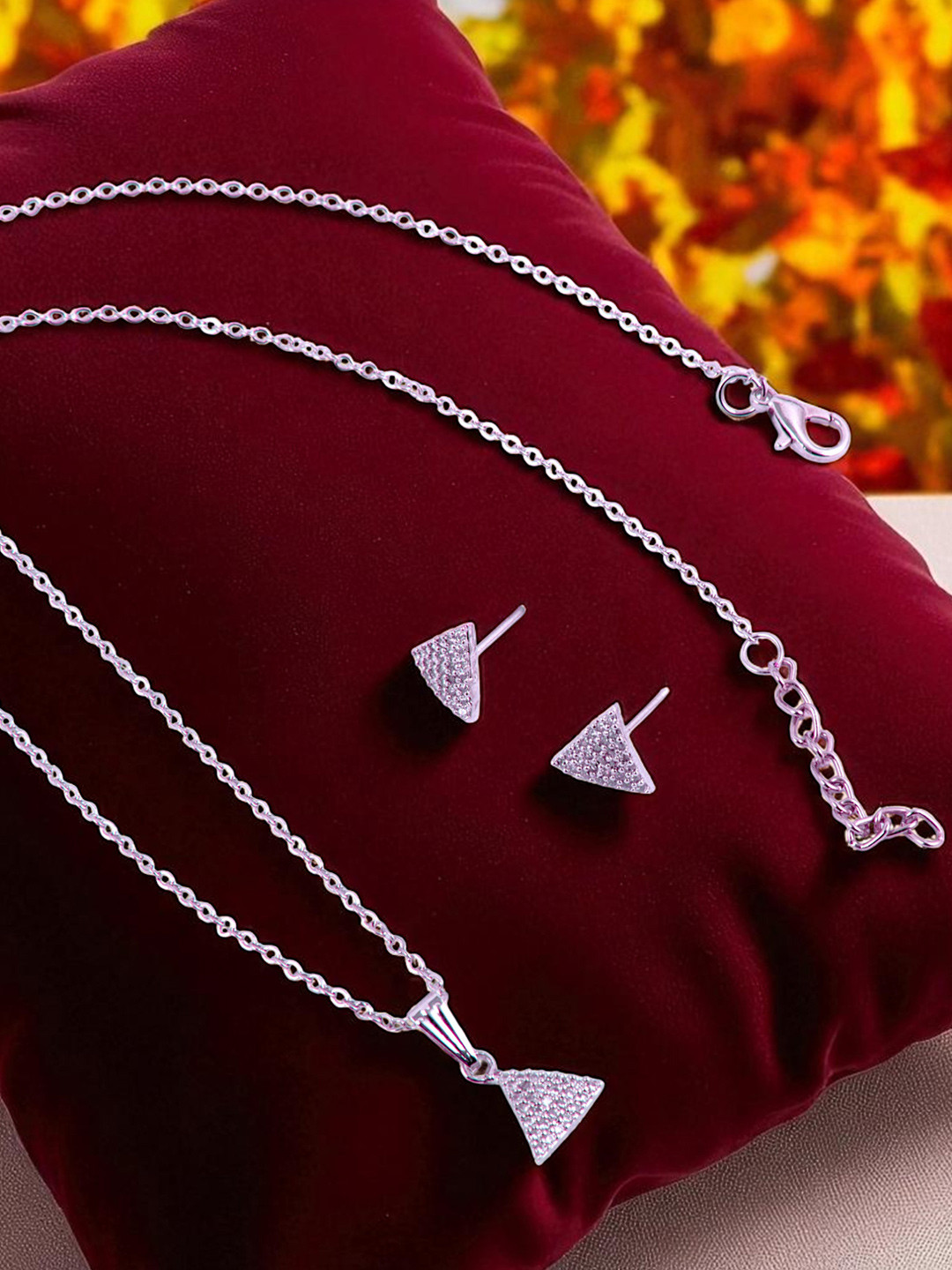 Kord Store Rhodium Plated American Diamond Studded Latest Triangle Shape Pendant Set