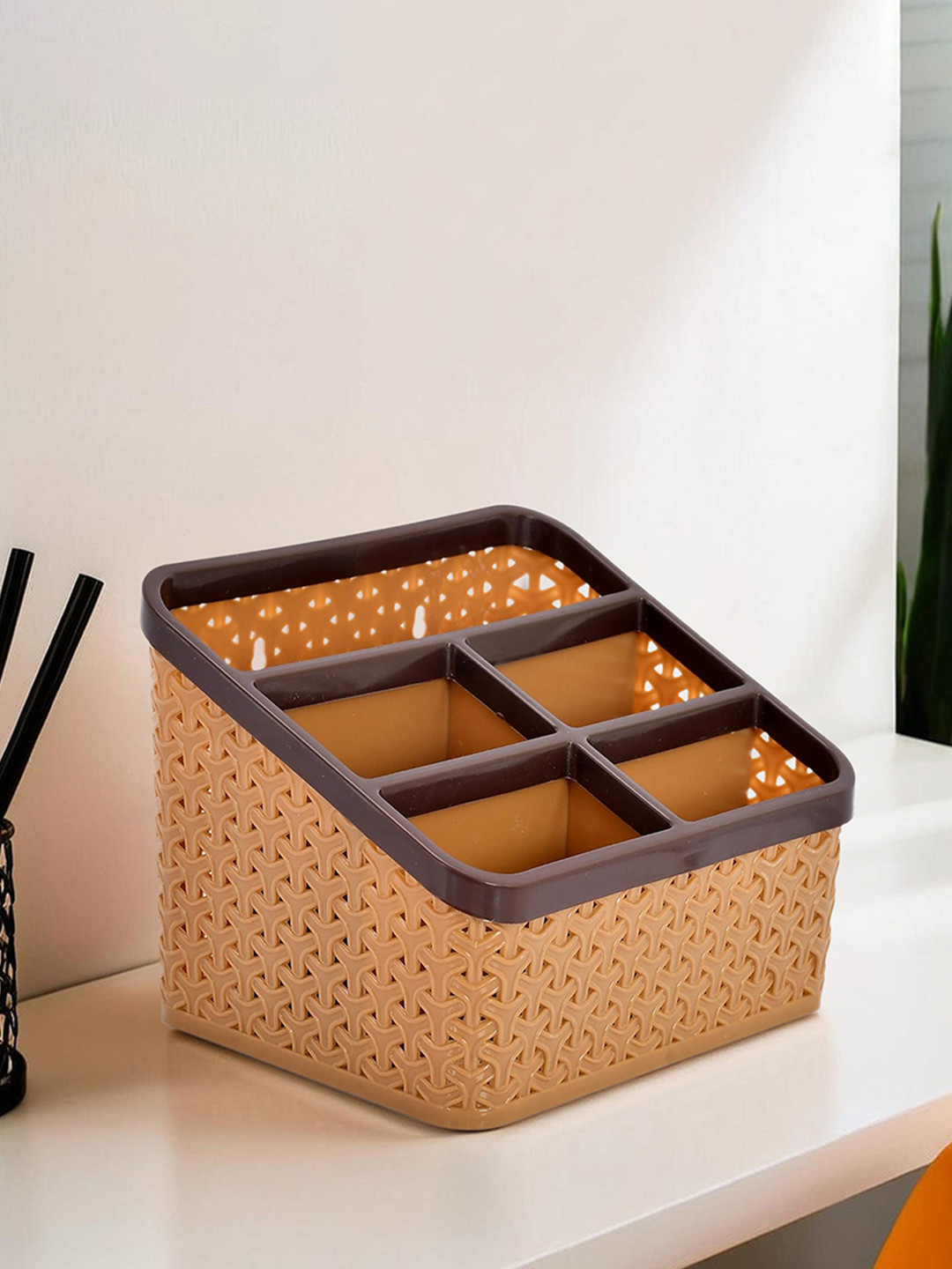 Kuber Industries Brown Textured Plastic Multi-Purpose Large Size Compact Desk Organizer