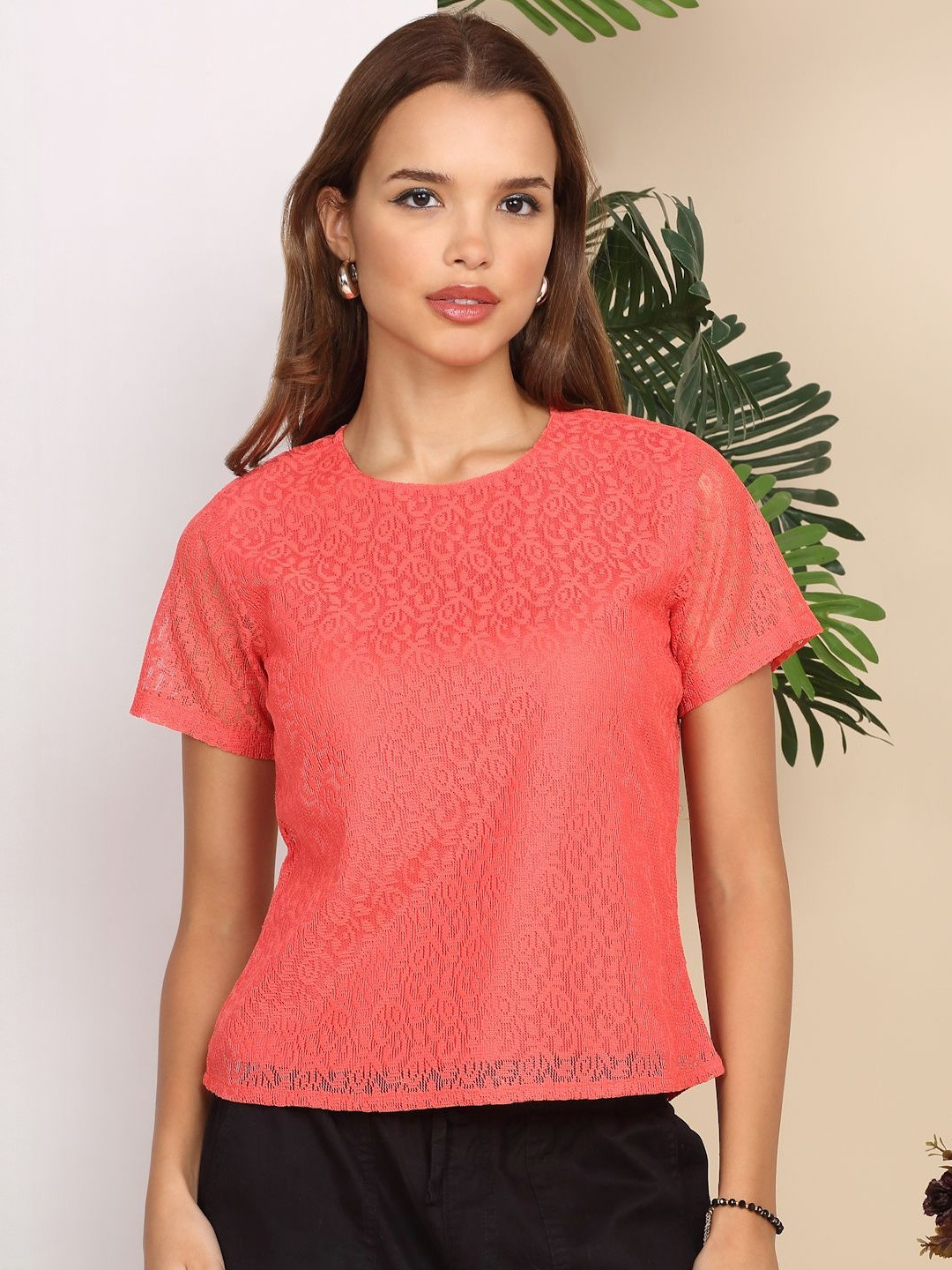 MORDEN MUSE Women Self Design Textured Lace Top