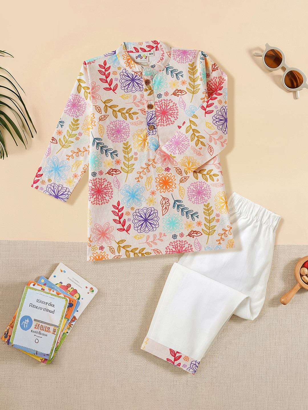 Desi Soota Boys Multicolor Floral Leaves Printed Pure Cotton Kurta with Pyjamas