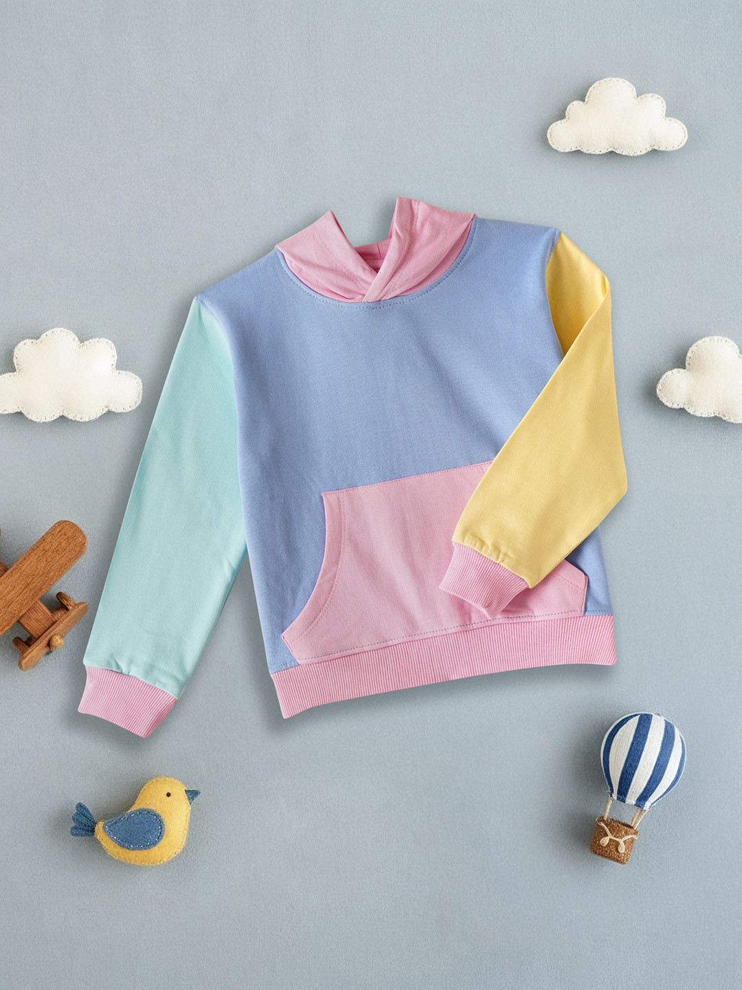 Desi Soota Girls Pink Colorblock Pure Cotton Hooded Sweatshirt