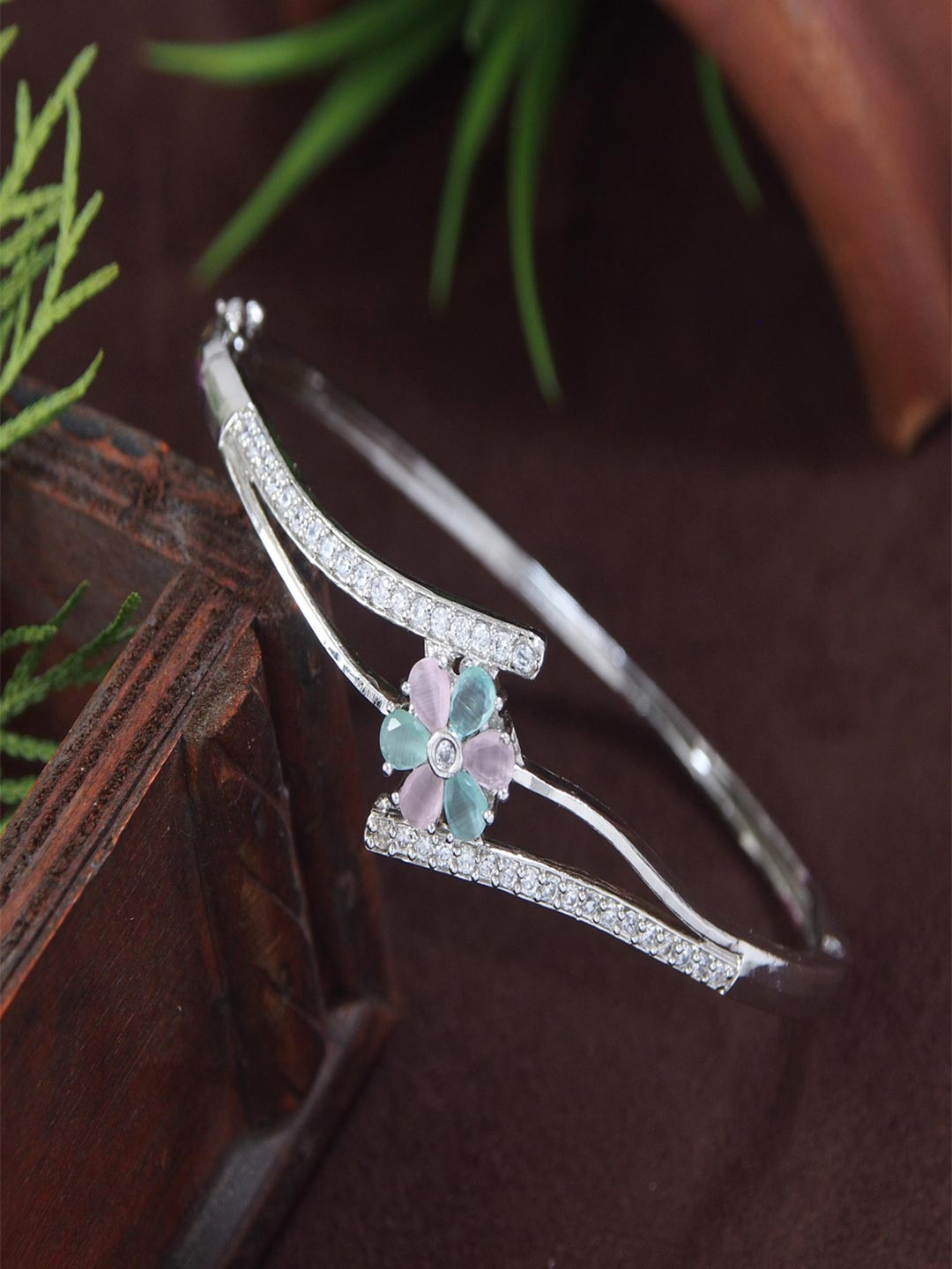 SGA FASHION Silver-Plated Zircon Studded Bangle-Style Bracelet