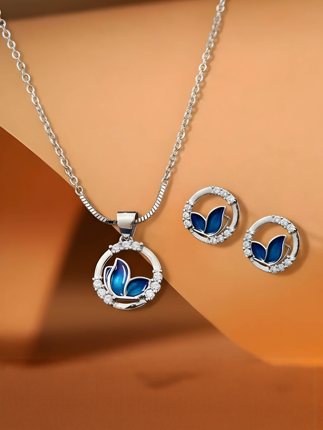 PARASMONI Women Blue & Silver-Plated Sterling Silver Butterfly Pendant Necklace & Earrings