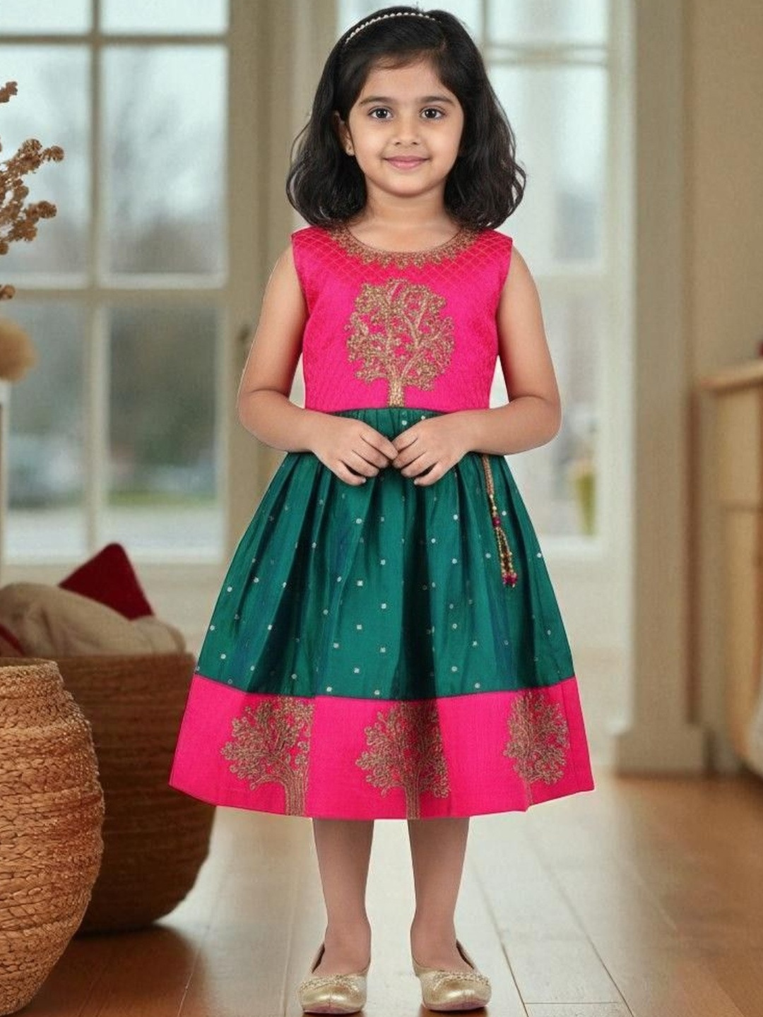 Pohar Creation Girls Embroidered Puff Sleeve Fit and Flare Frock Dress