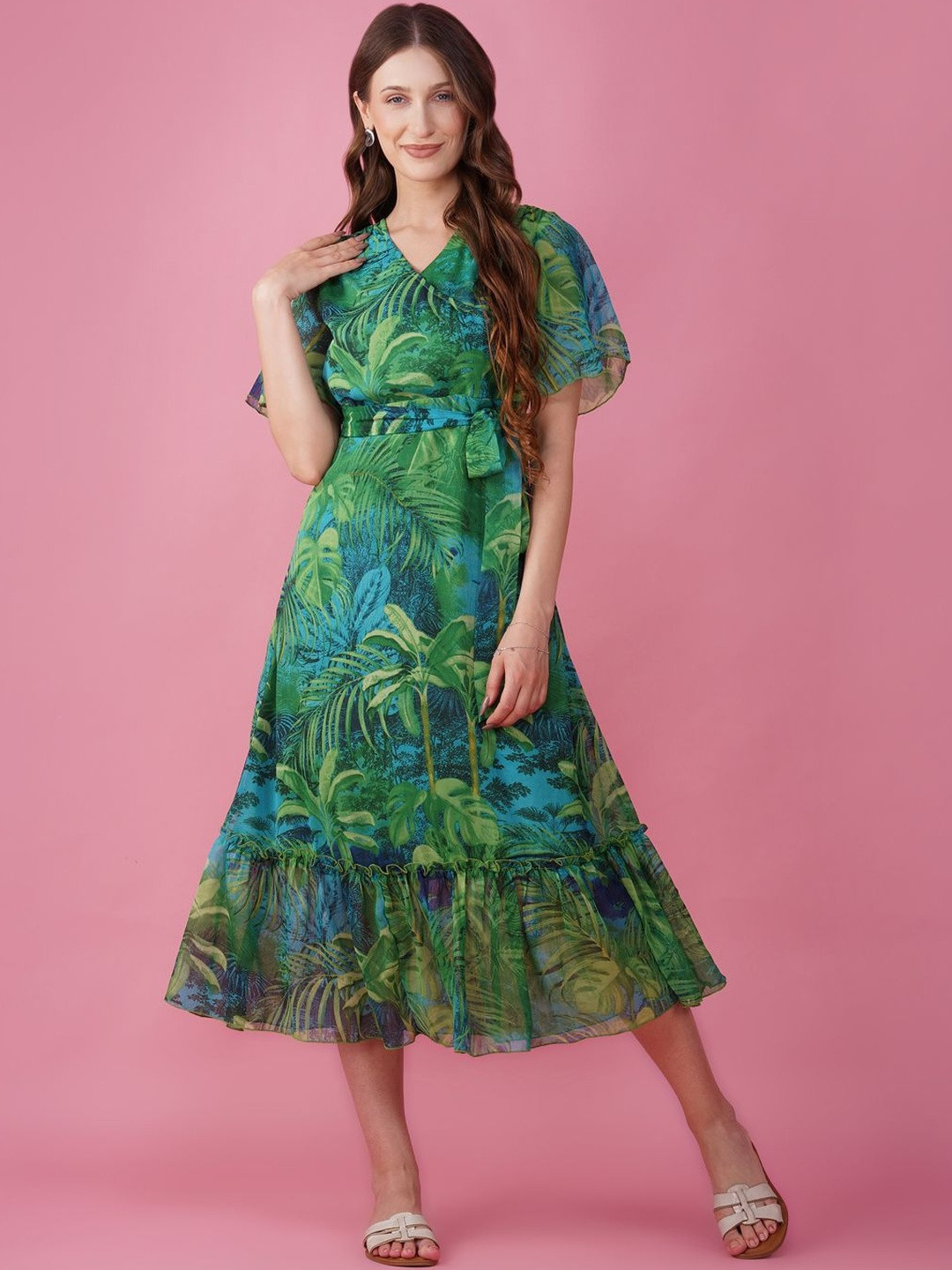 HERE&NOW Women Tropical Print Flared Sleeve Ruffled Chiffon Midi Dress