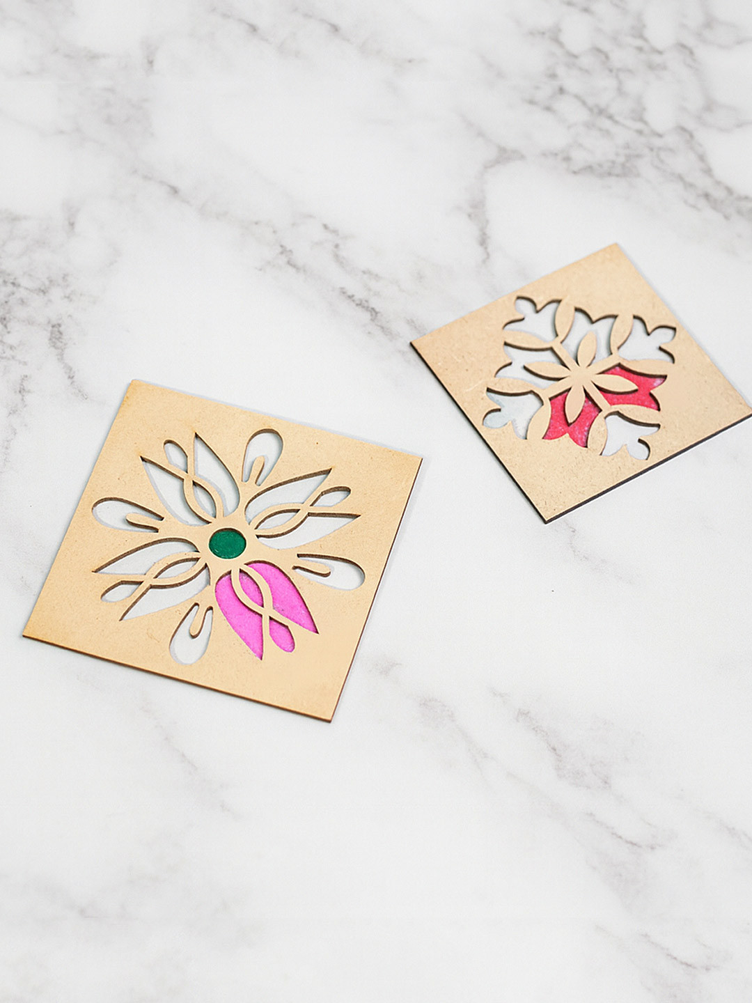 THE MOHRAJ 2 Pcs Nude Wood Rangoli Stencils Kit With Colours