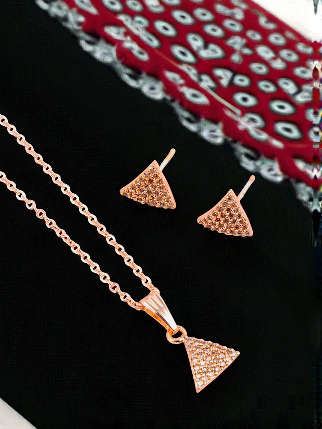 Kord Store Rose Gold Plated American Diamond Studded Oval Triangle Shape Pendant Set