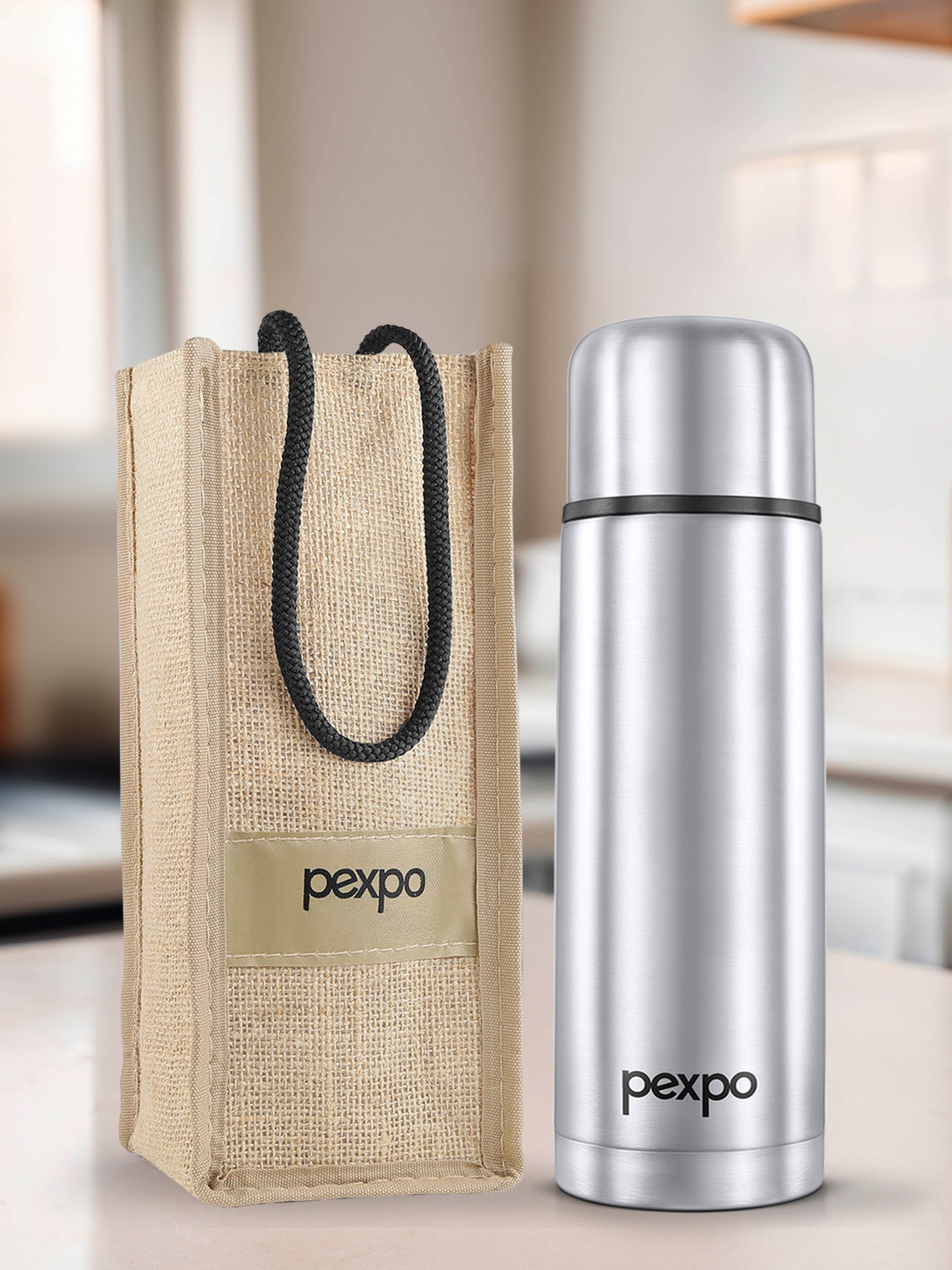 Pexpo FLAMINGO Silver Solid Stainless Steel Double Wall Vacuum Flask - 500ml