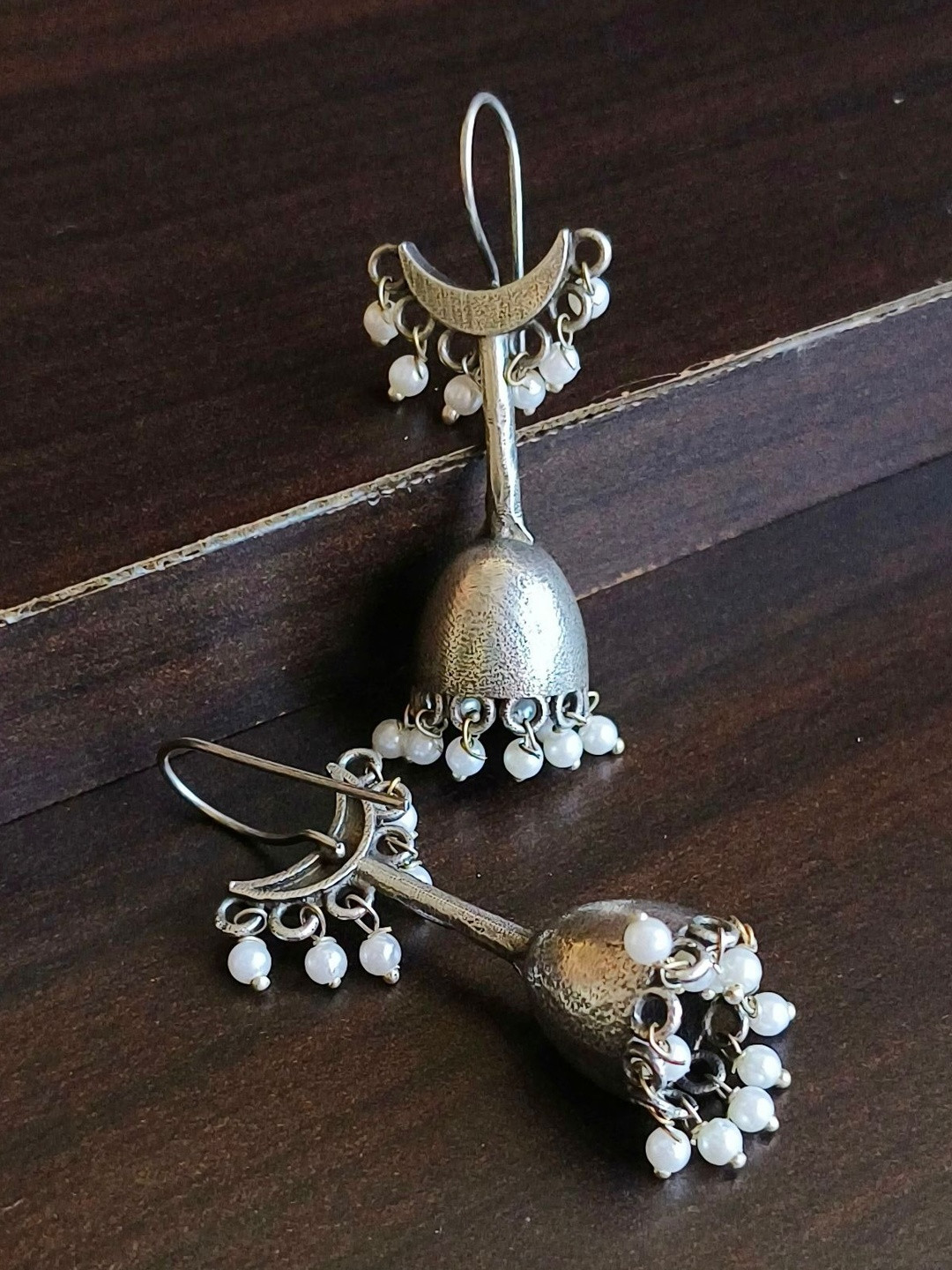 Sarichka Crescent Shaped Oxidised Jhumkas Earrings