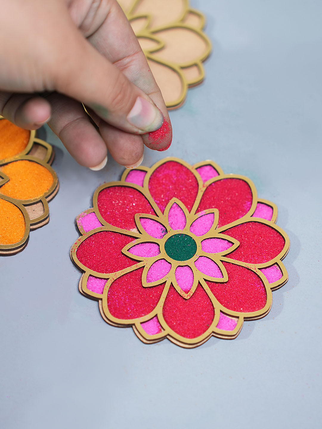 THE MOHRAJ 3-Pcs Brown Wood Rangoli Stencils Kit With Colours