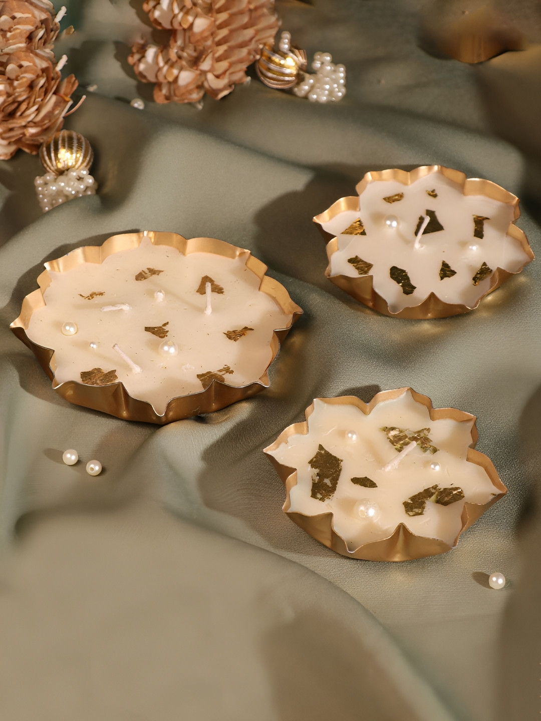 Art Street Mogra Scented Soy Wax Lotus Urli Candle Gift Set Scented Floral Urli Pack of 3