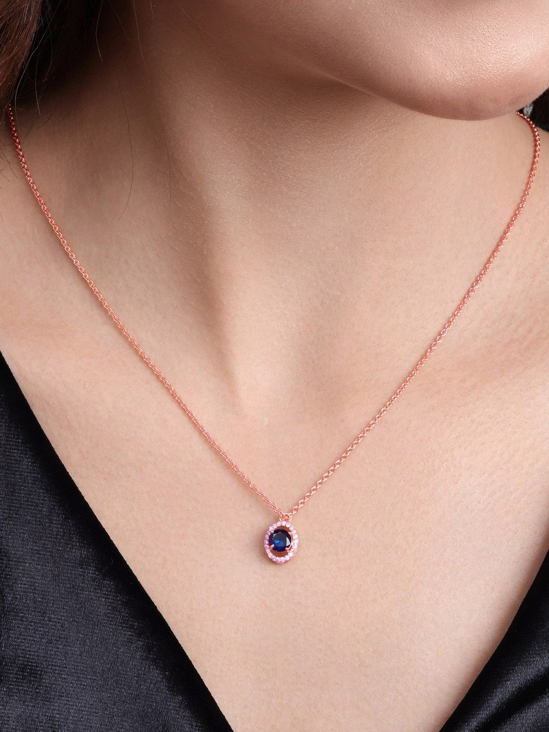 MALENA Rose Gold Plated Crystals Studded Teardrop Shaped Pendant With Chain