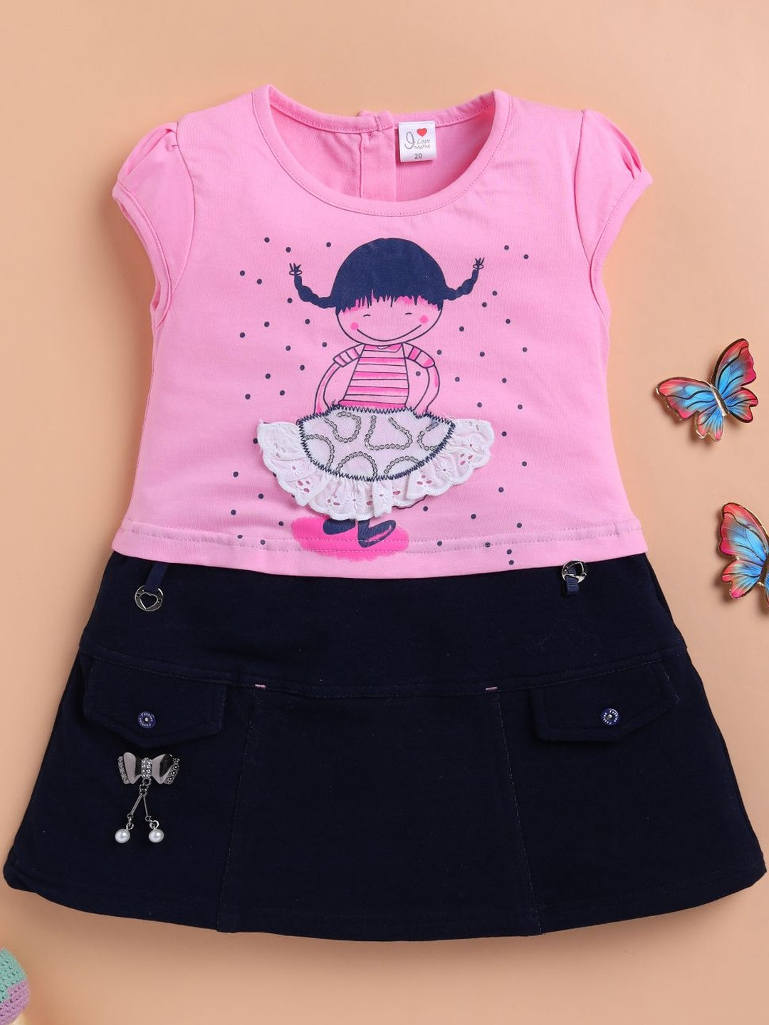 I LOVE MOM Girls Graphic Printed Round Neck Short Sleeves Frock Dress