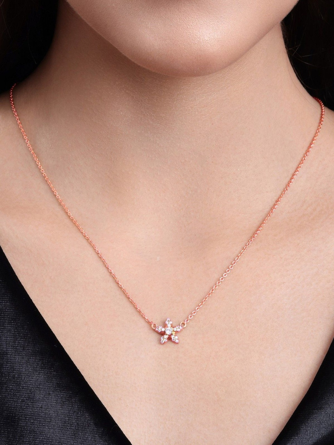 MALENA Rose Gold-Plated Artificial Stones Studded Star Shaped Pendant With Chain