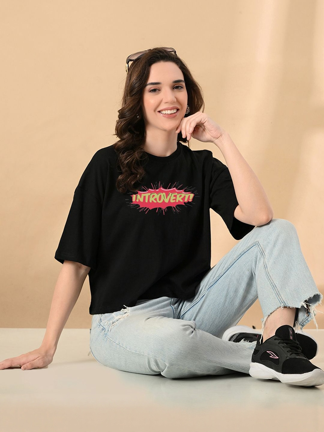 CORSICA Typography Printed Drop-Shoulder Sleeves Oversized Fit Pure Cotton Crop T-shirt