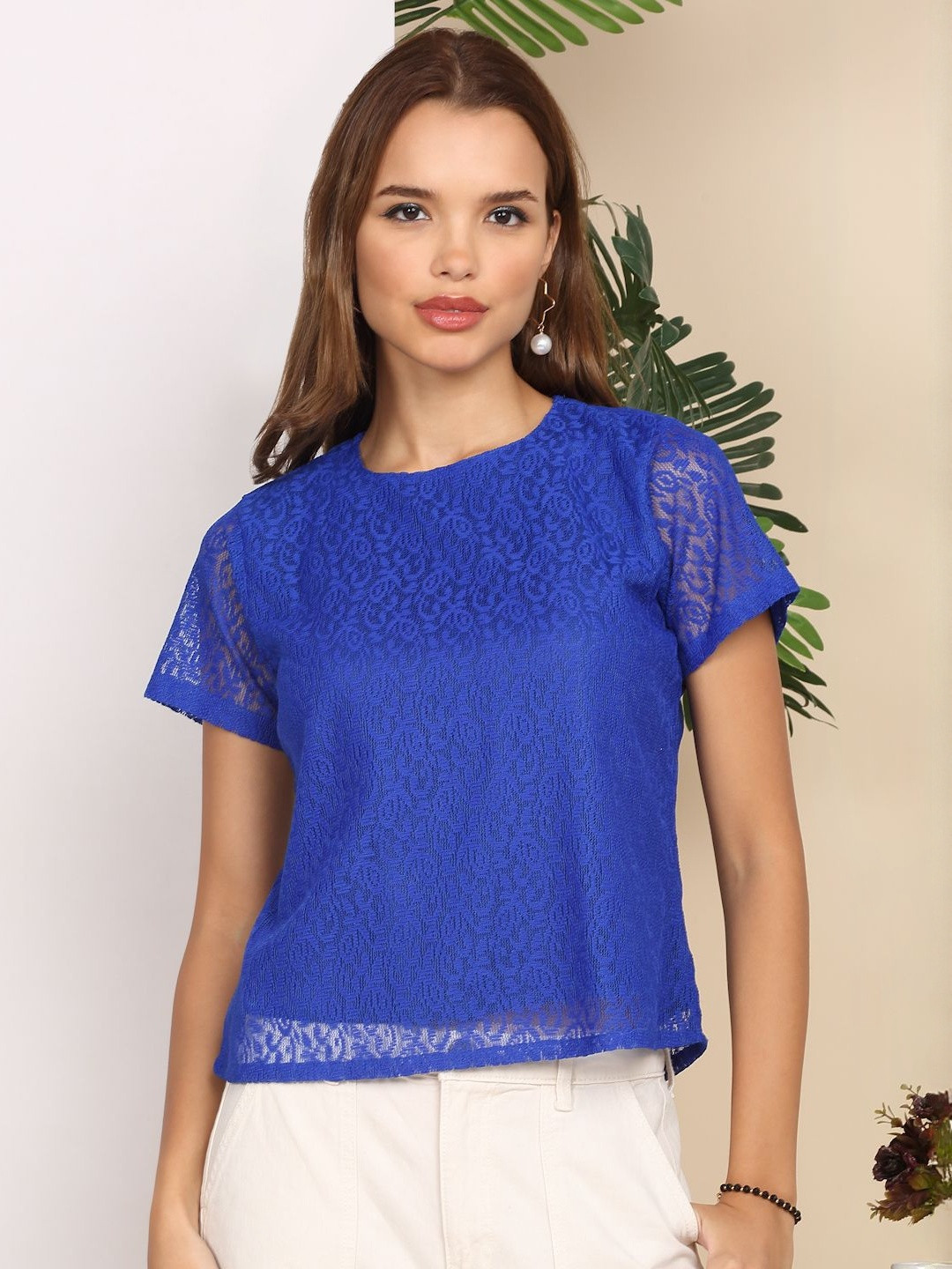 MORDEN MUSE Round Neck Short Sleeve Lace Top