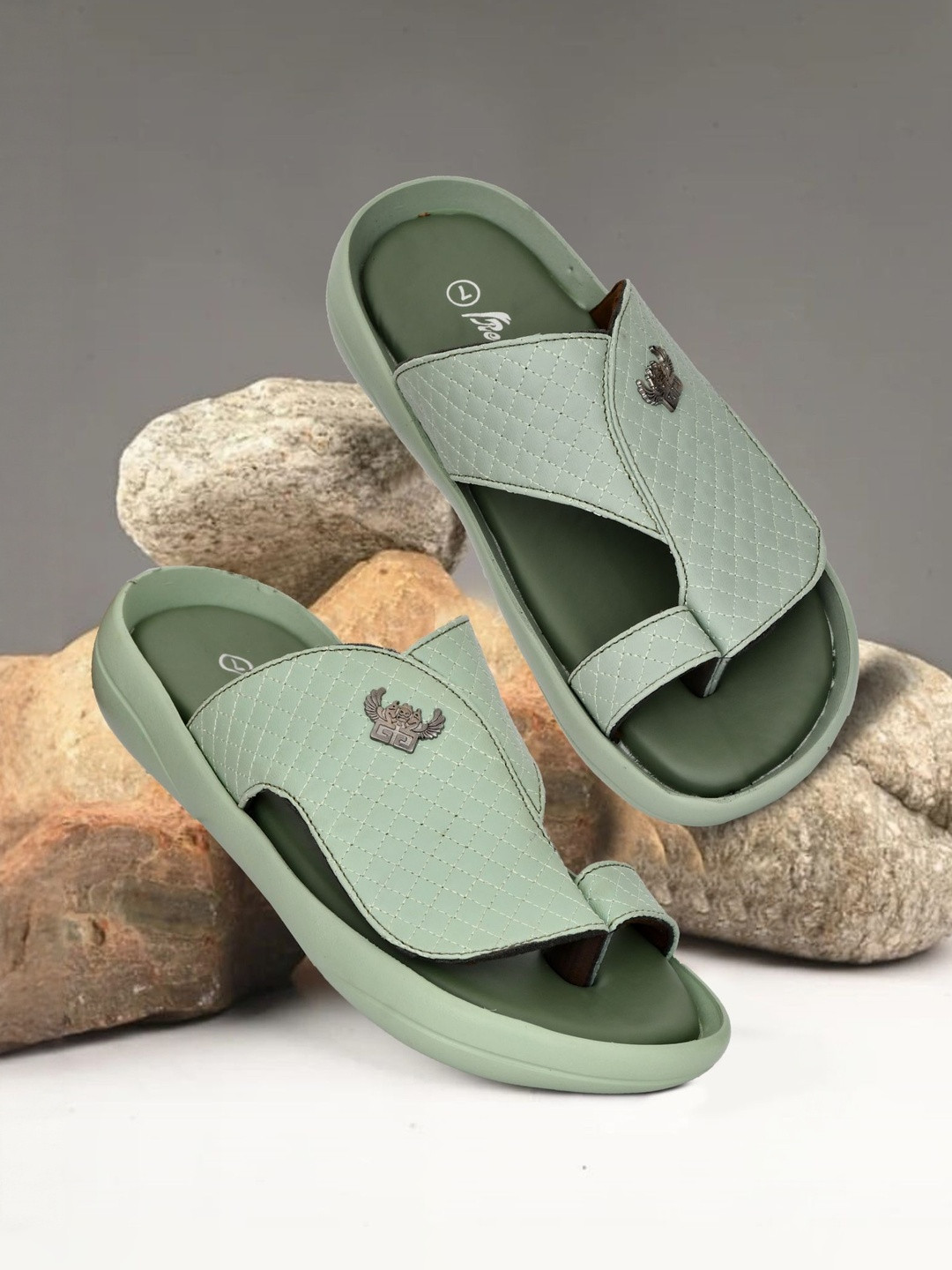 REAL BLISS FOOTWEAR Men Green One Toe Synthetic Leather Comfort Sandals