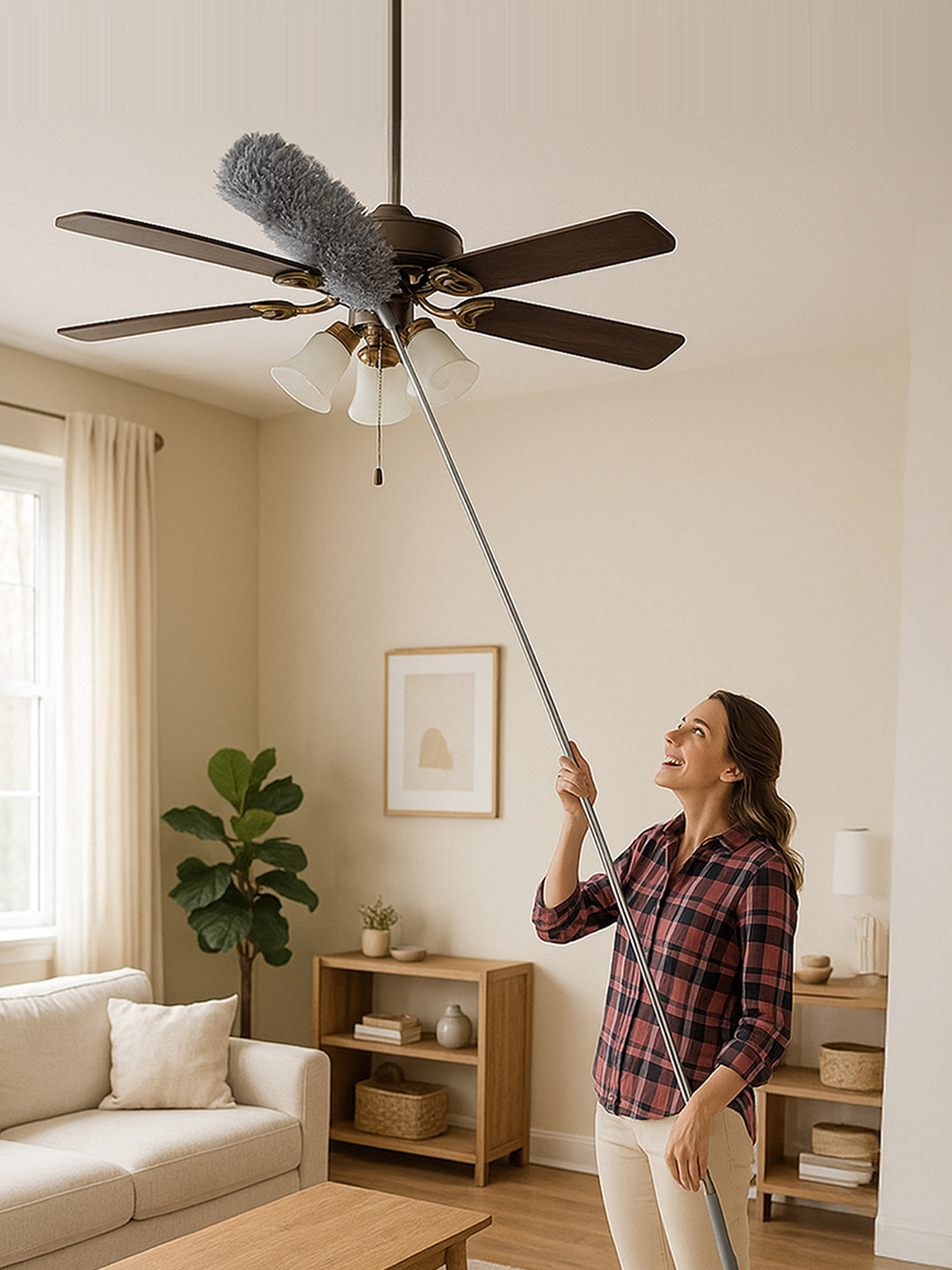 Kuber Industries Grey Microfiber Ceiling Fan Duster With Long Rod
