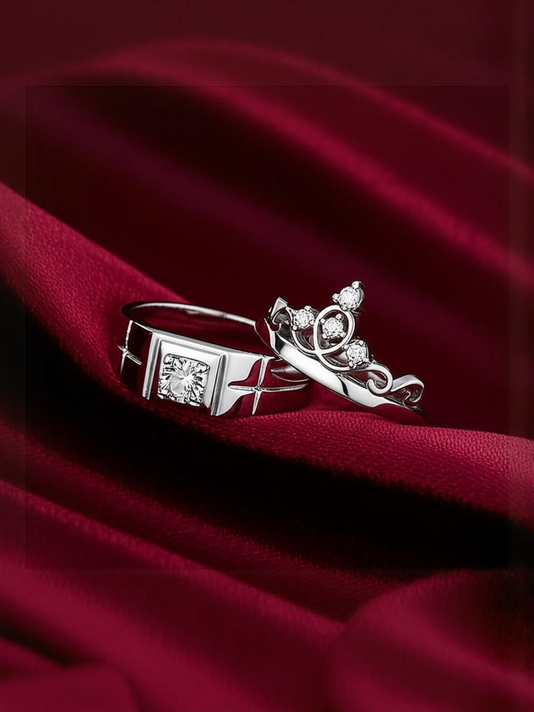 DressBerry Premium Silver Plated Crown Adjustable Couple Rings Set
