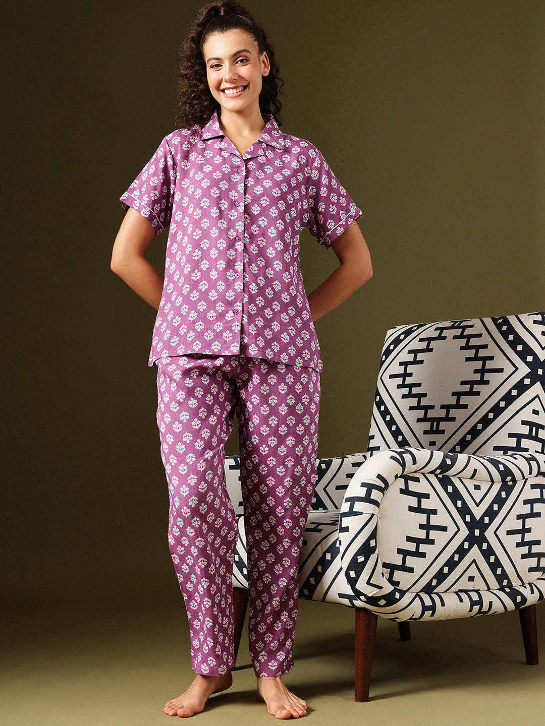 Clovia Women Conversational Printed Button Down Shirt & Pyjama Night suit