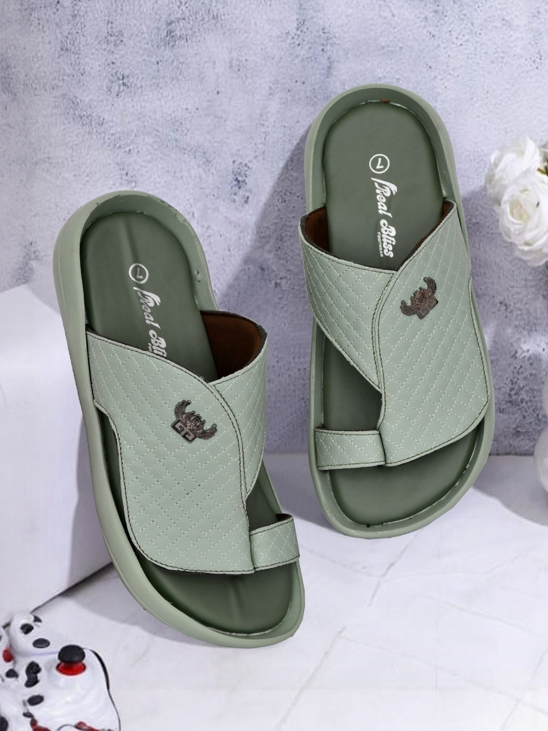 REAL BLISS FOOTWEAR Men Green One Toe Synthetic Leather Comfort Sandals