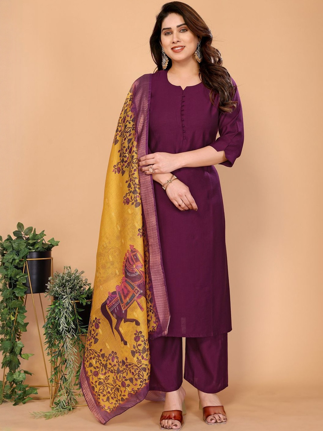STYLE SAMSARA Round Neck Straight Kurta With Trousers & Dupatta