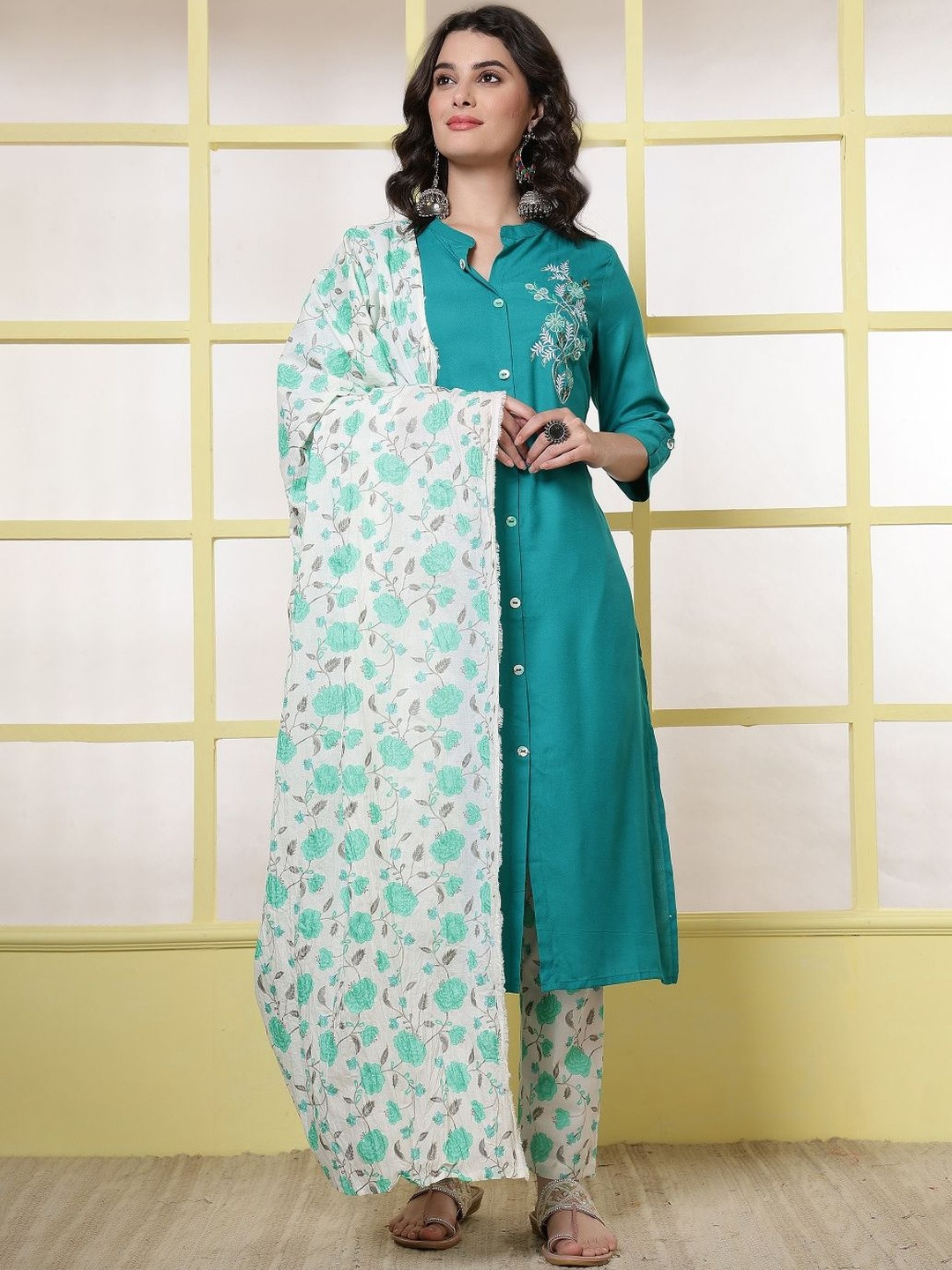 Anouk Rustic Floral Embroidered Thread Work Screen Kurta With Trousers & Dupatta
