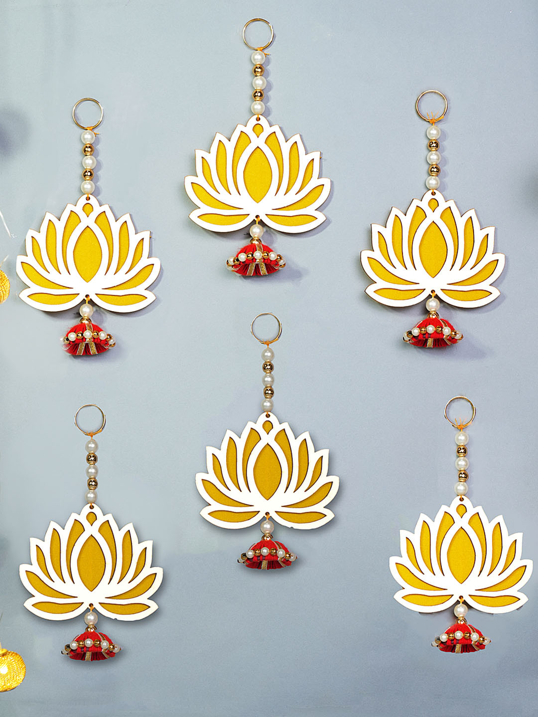 THE MOHRAJ Pink & Yellow 6 Pcs Wood Lotus Hanging Torans