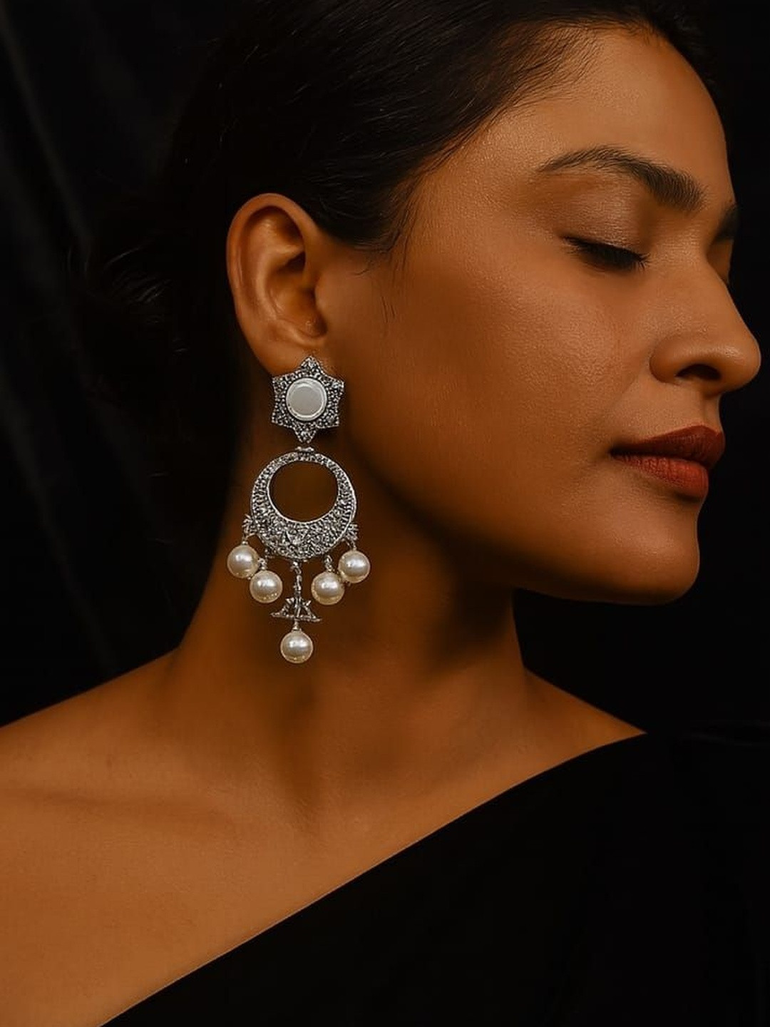 NEW AMBAJI ART JEWELLERY Silver Plated American Diamond Studded Circular Drop Earrings