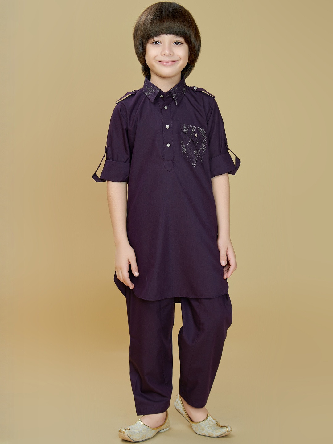 Ministitch Boys Foil Printed Full Sleeves Kurta Set With Pyjama