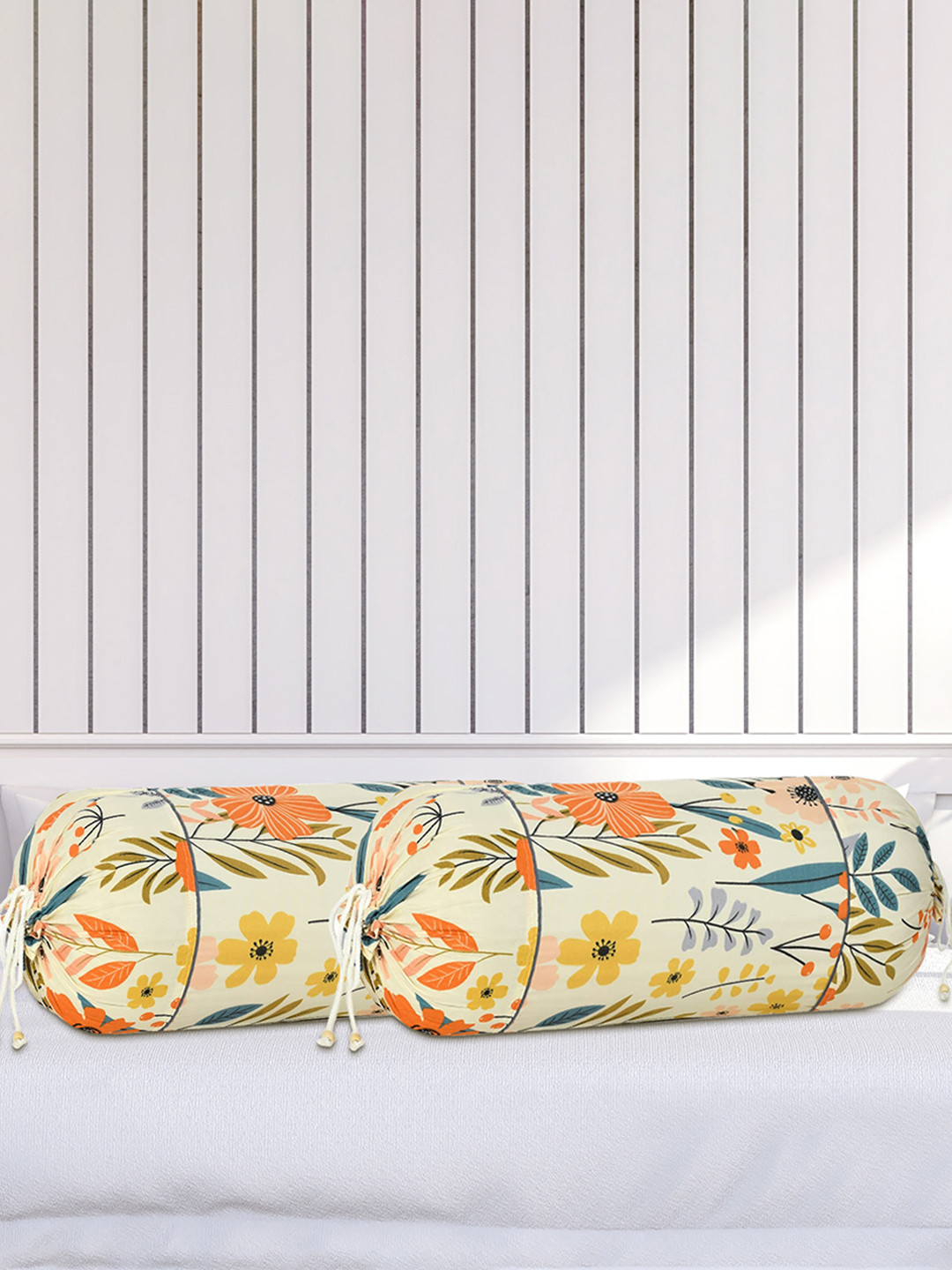 Kuber Industries 2-Pcs Cream-Color Floral Printed Cotton Soft & Luxurious Bolster Covers