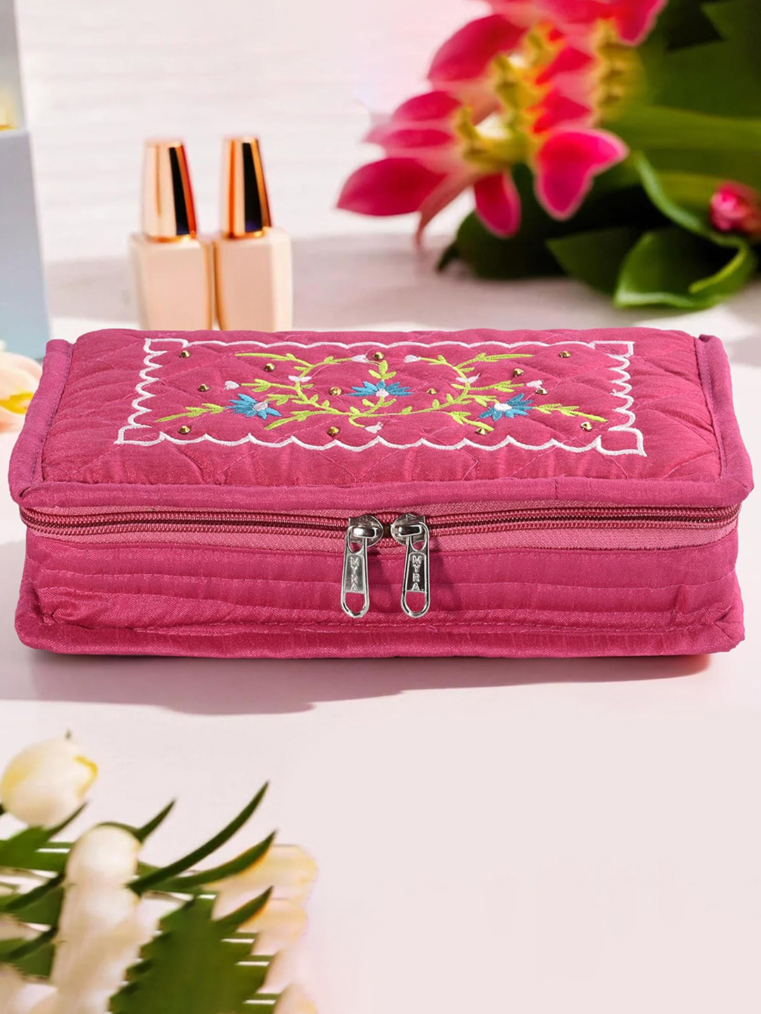 Kuber Industries Pink & Green Embroidered Jewellery Organiser