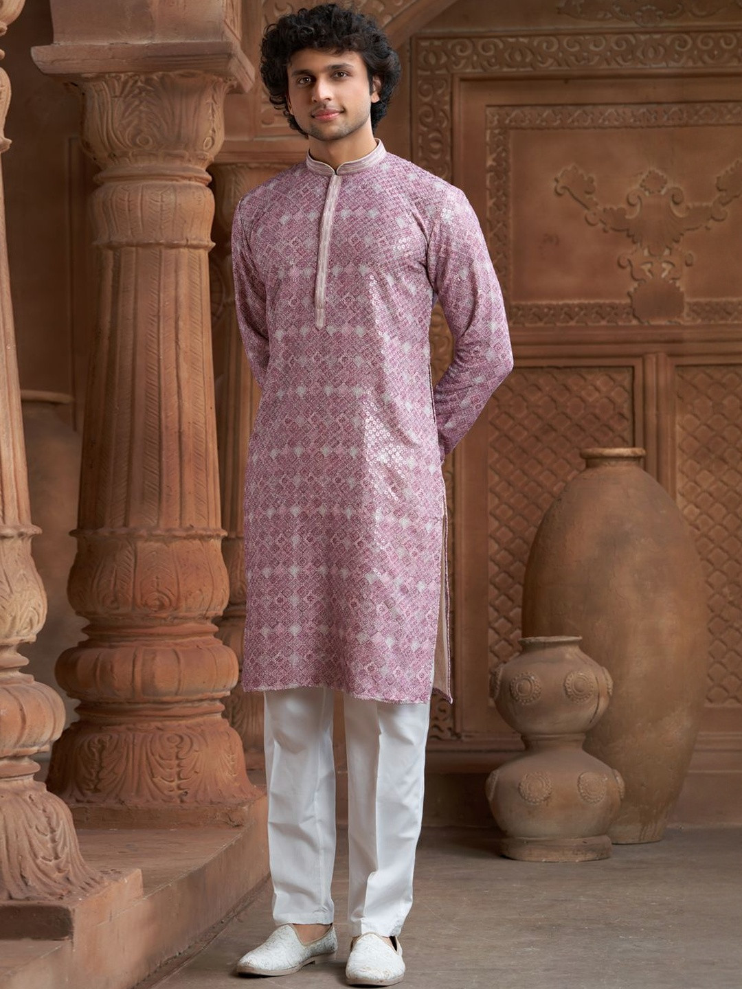 EKATVA ETHNIC Men Onion Pink Printed Kurta & Pyjama