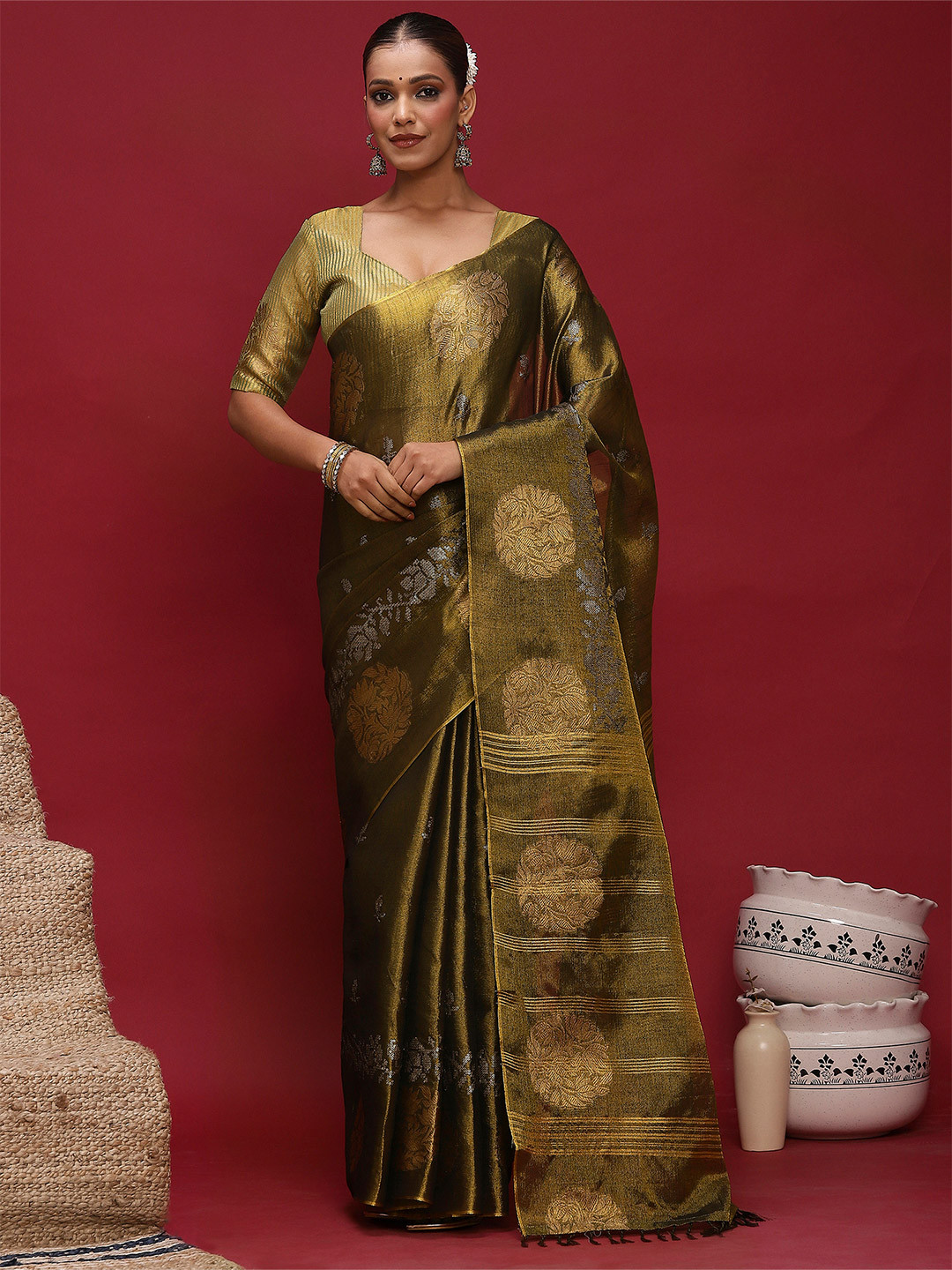 Anouk Floral Woven Design Zari Banarasi Linen Saree With Blouse Piece