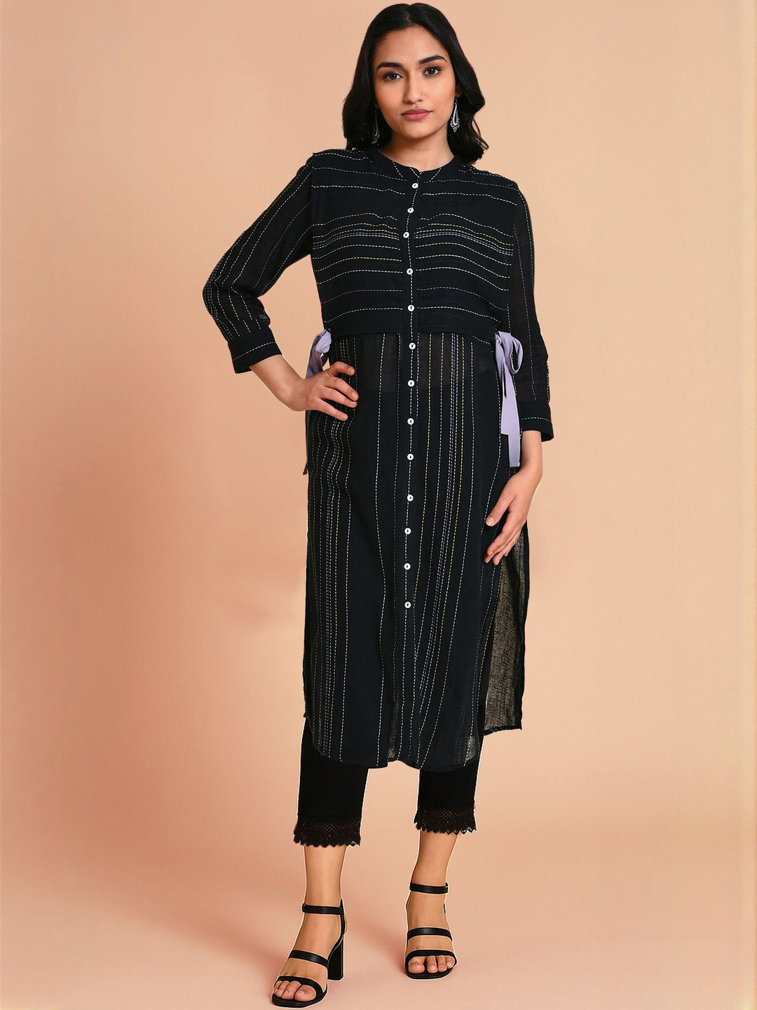 W Striped Round Neck Straight Kurta With Slim Pant Set