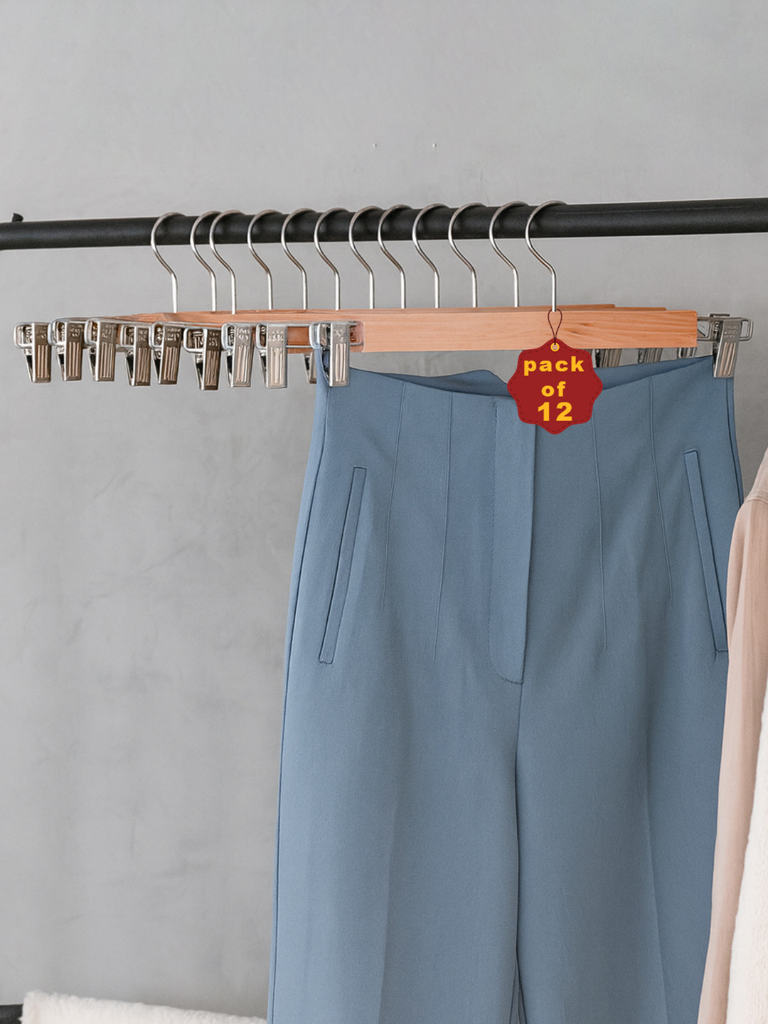 Kuber Industries 12 Pcs Bamboo Hangers For Clothes With 2-Adjustable Steel Clips