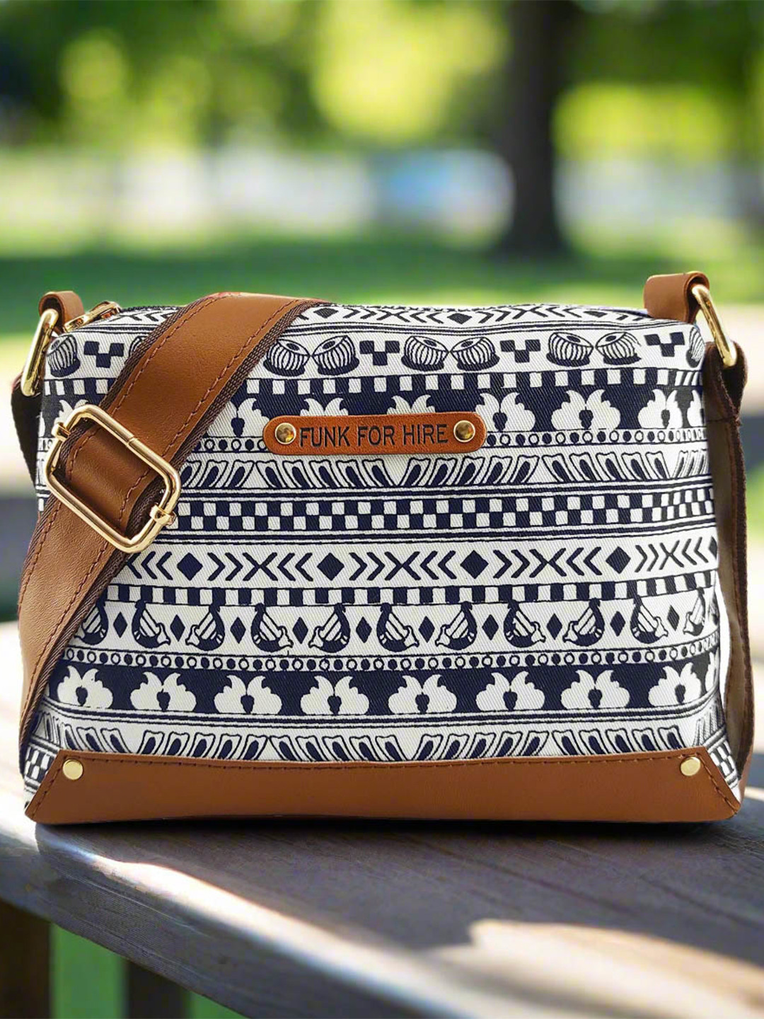 Funk For Hire Geometric Printed Cotton Canvas Leather Structured Sling Bag