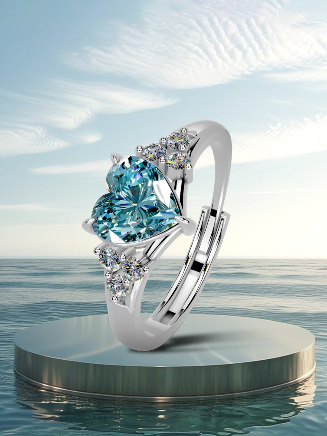 MISS HIGHNESS Women Stainless Steel Silver Rhodium Pleated Blue Heart Zirconia Ring
