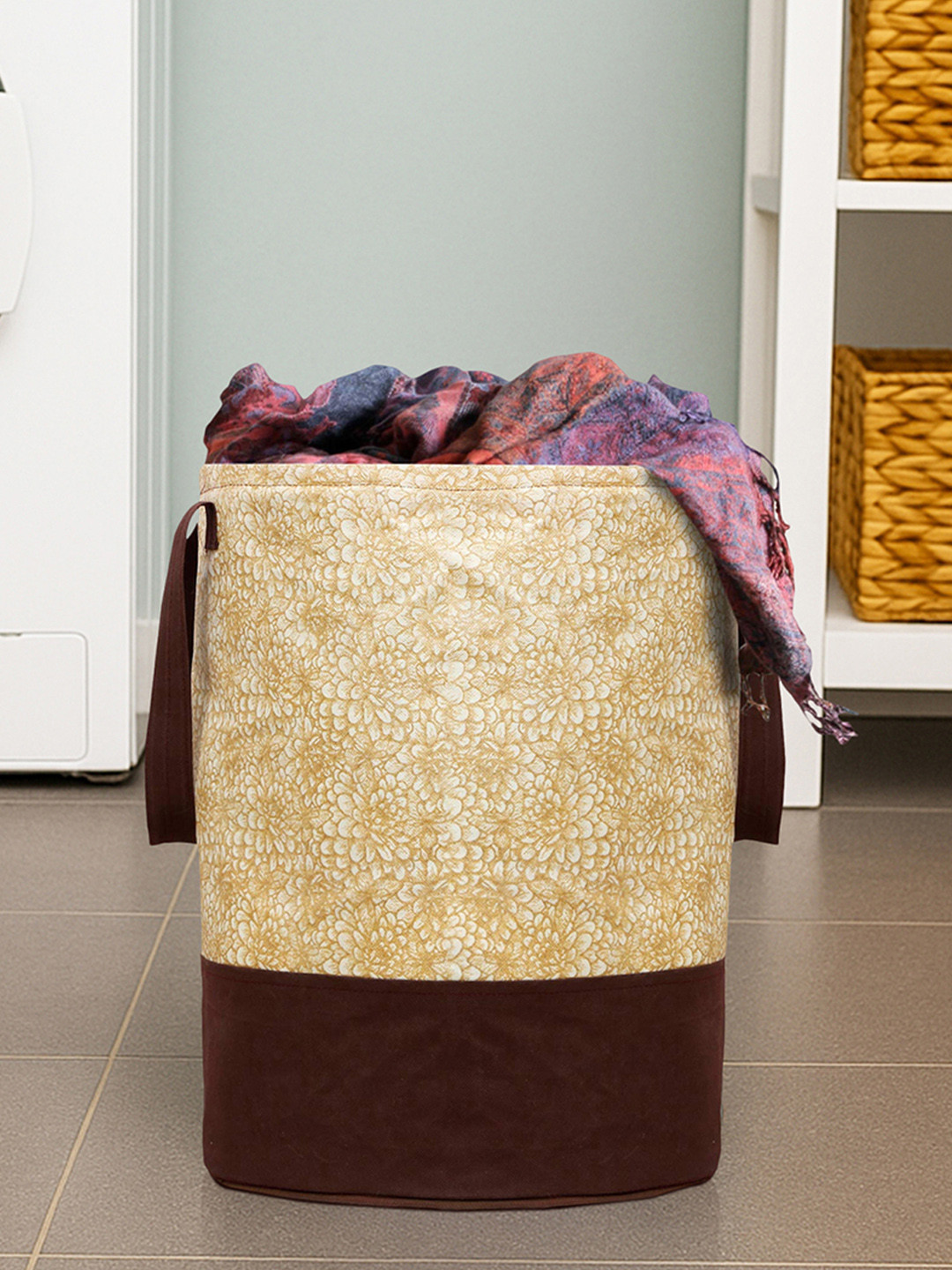 Kuber Industries Beige & Brown Printed Waterproof Canvas Laundry Bag