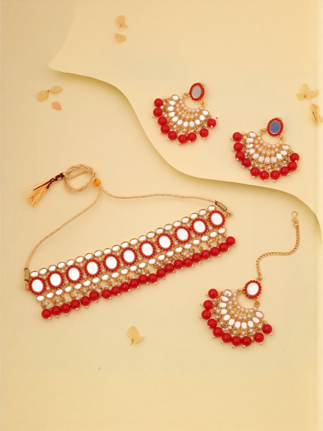 Anouk Gold plated Kundan Pearl Mirror Work Choker Necklace Set with Earrings & Maangtikka