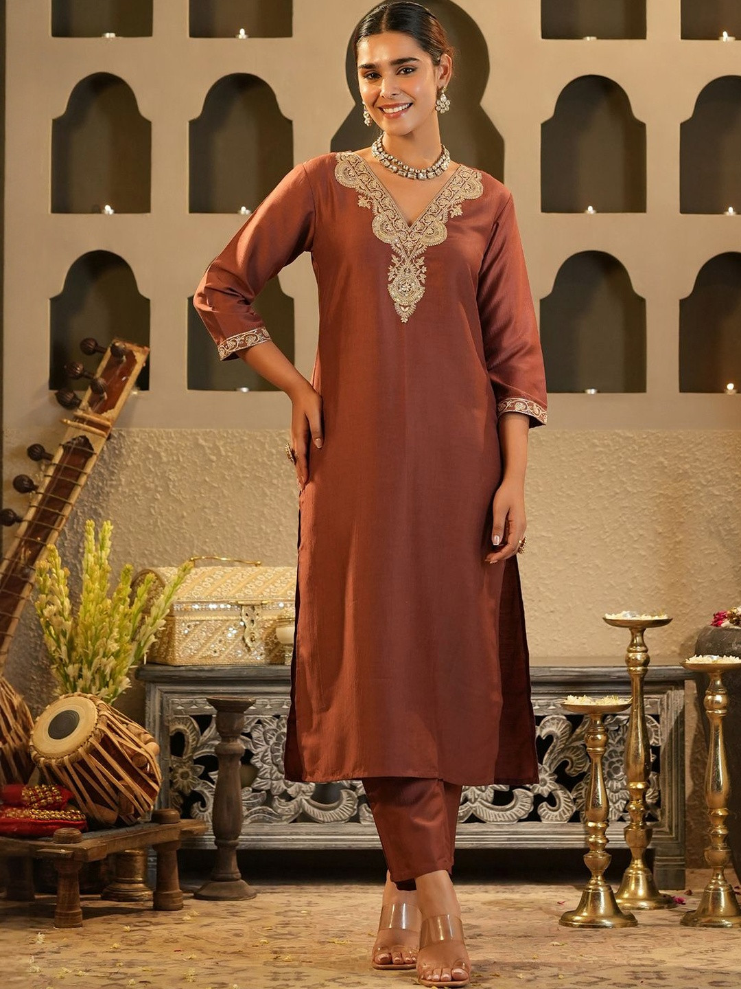 Indo Era Women Solid Embroidered Kurta with Trousers
